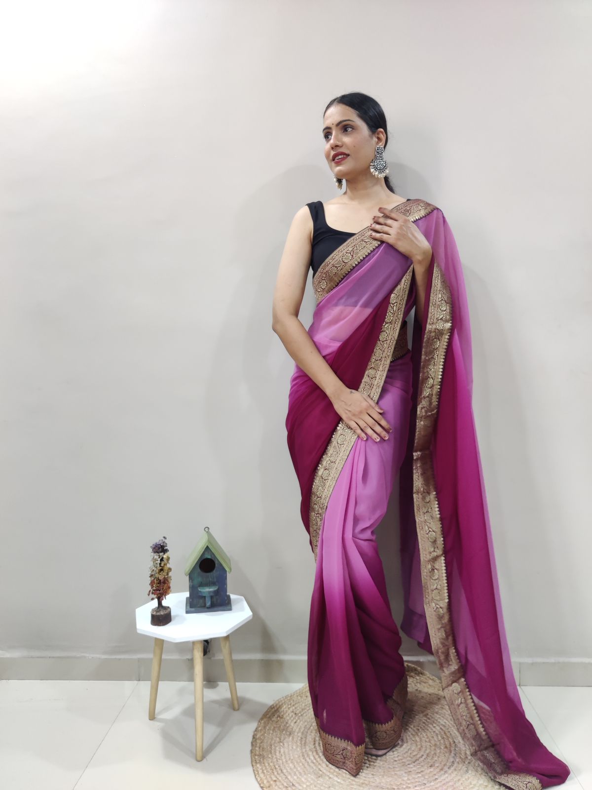 Magic Magenta Dual Color Ready to Wear Sanghosha Silk Saree With Blouse