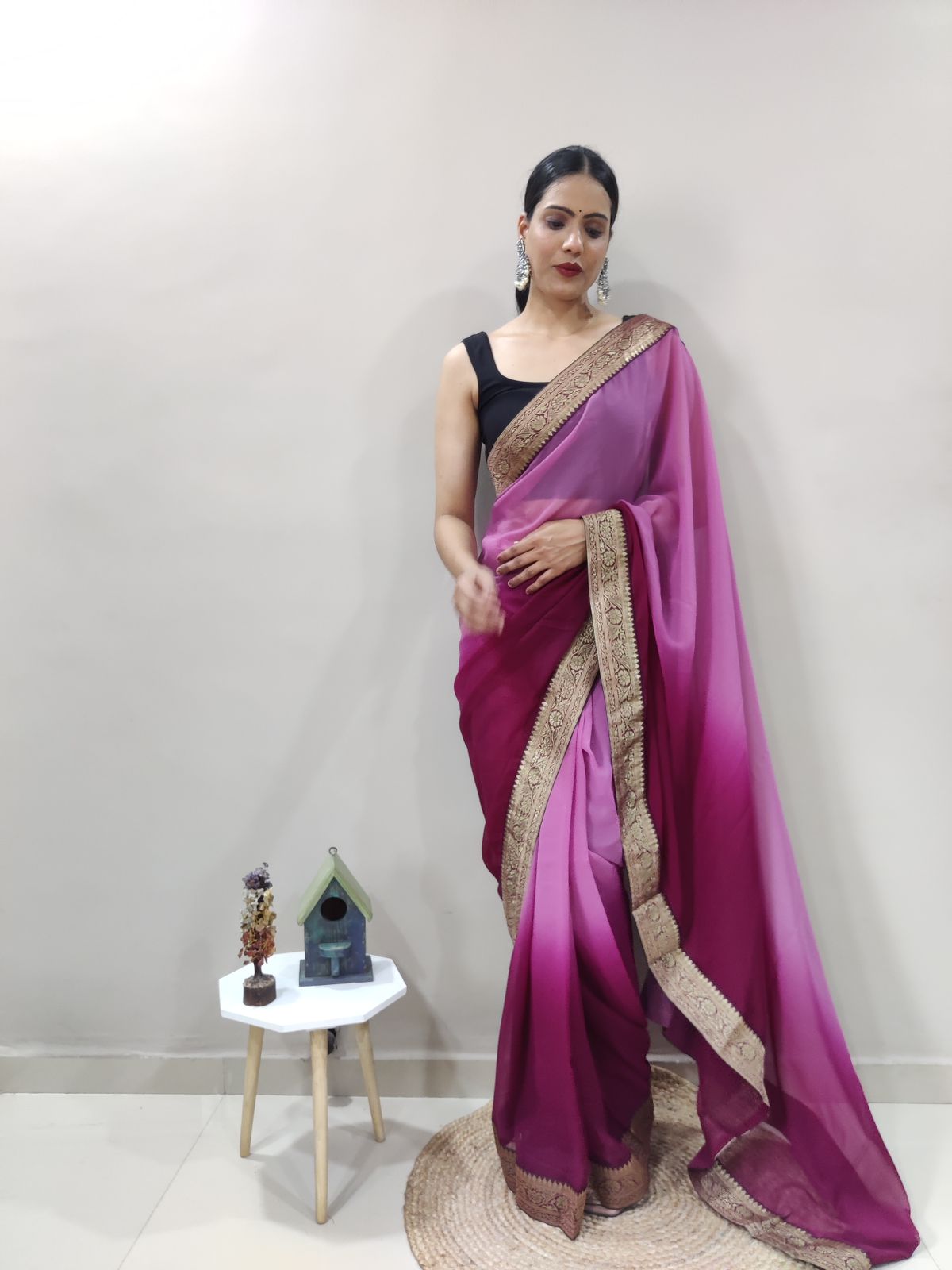 Magic Magenta Dual Color Ready to Wear Sanghosha Silk Saree With Blouse