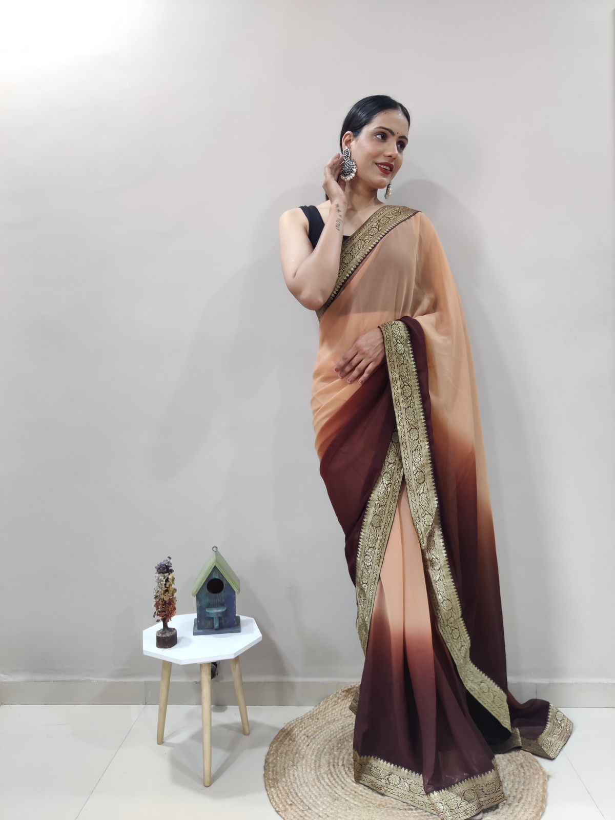 Coffee Clay Dual Color Ready to Wear Sanghosha Silk Saree With Blouse