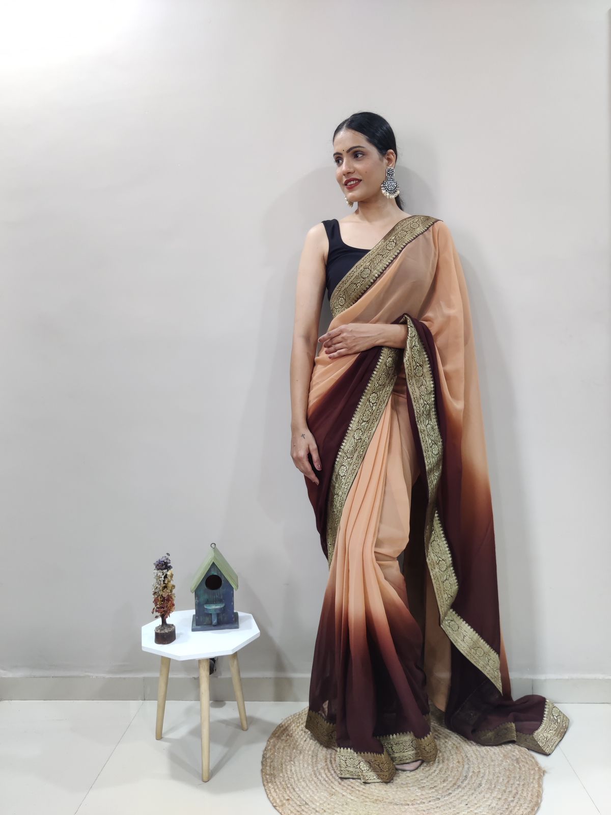 Coffee Clay Dual Color Ready to Wear Sanghosha Silk Saree With Blouse