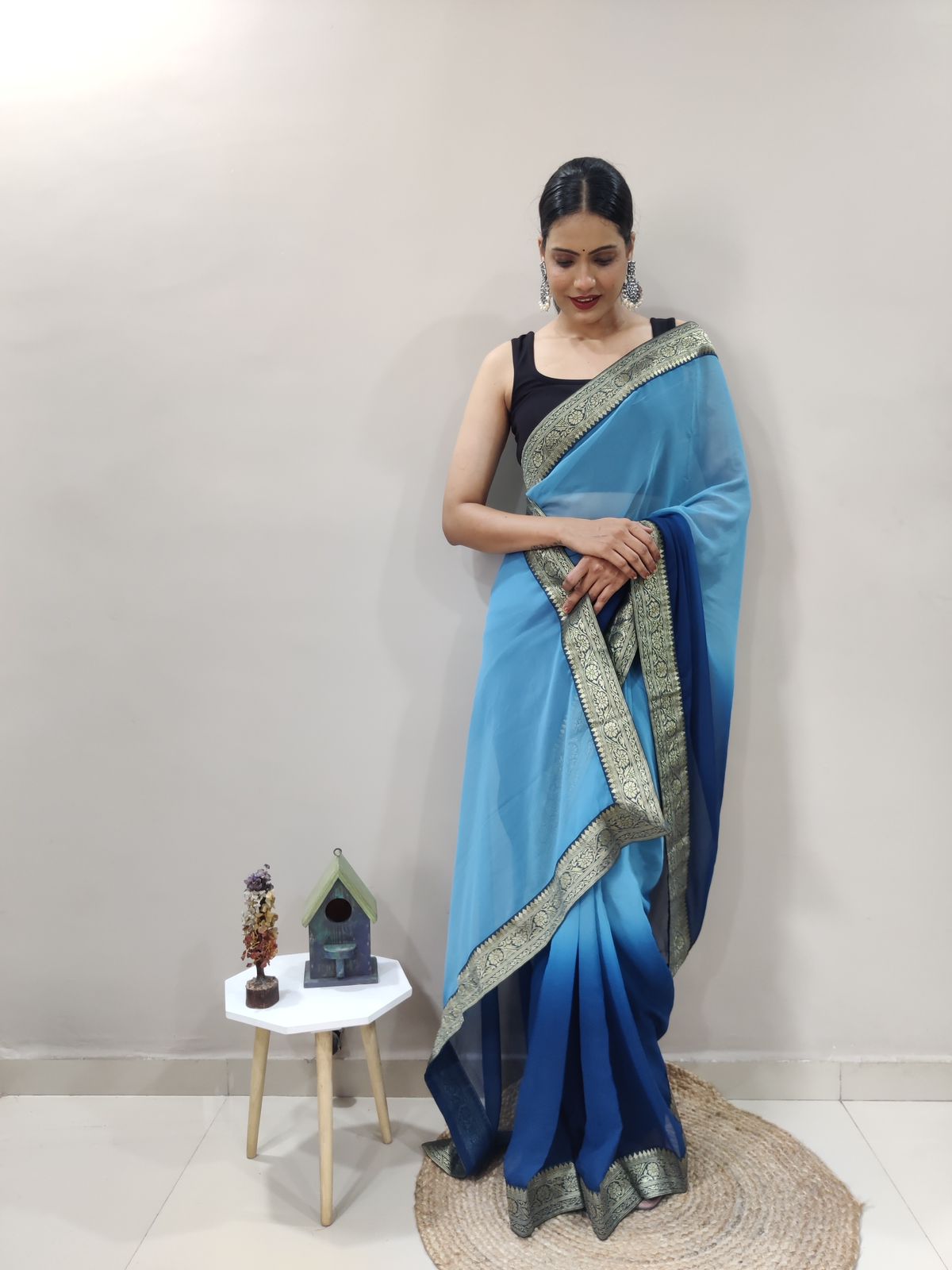 Atlantic Blue Dual Color Ready to Wear Sanghosha Silk Saree With Blouse