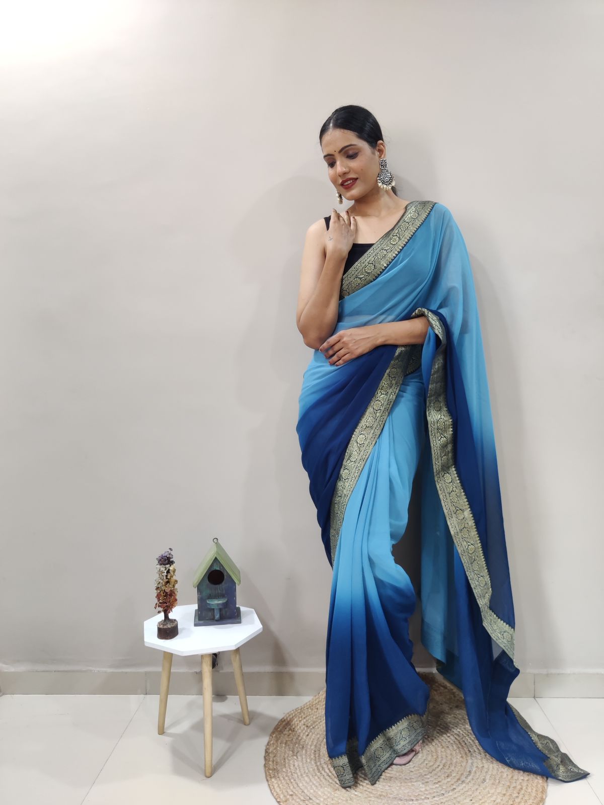 Atlantic Blue Dual Color Ready to Wear Sanghosha Silk Saree With Blouse