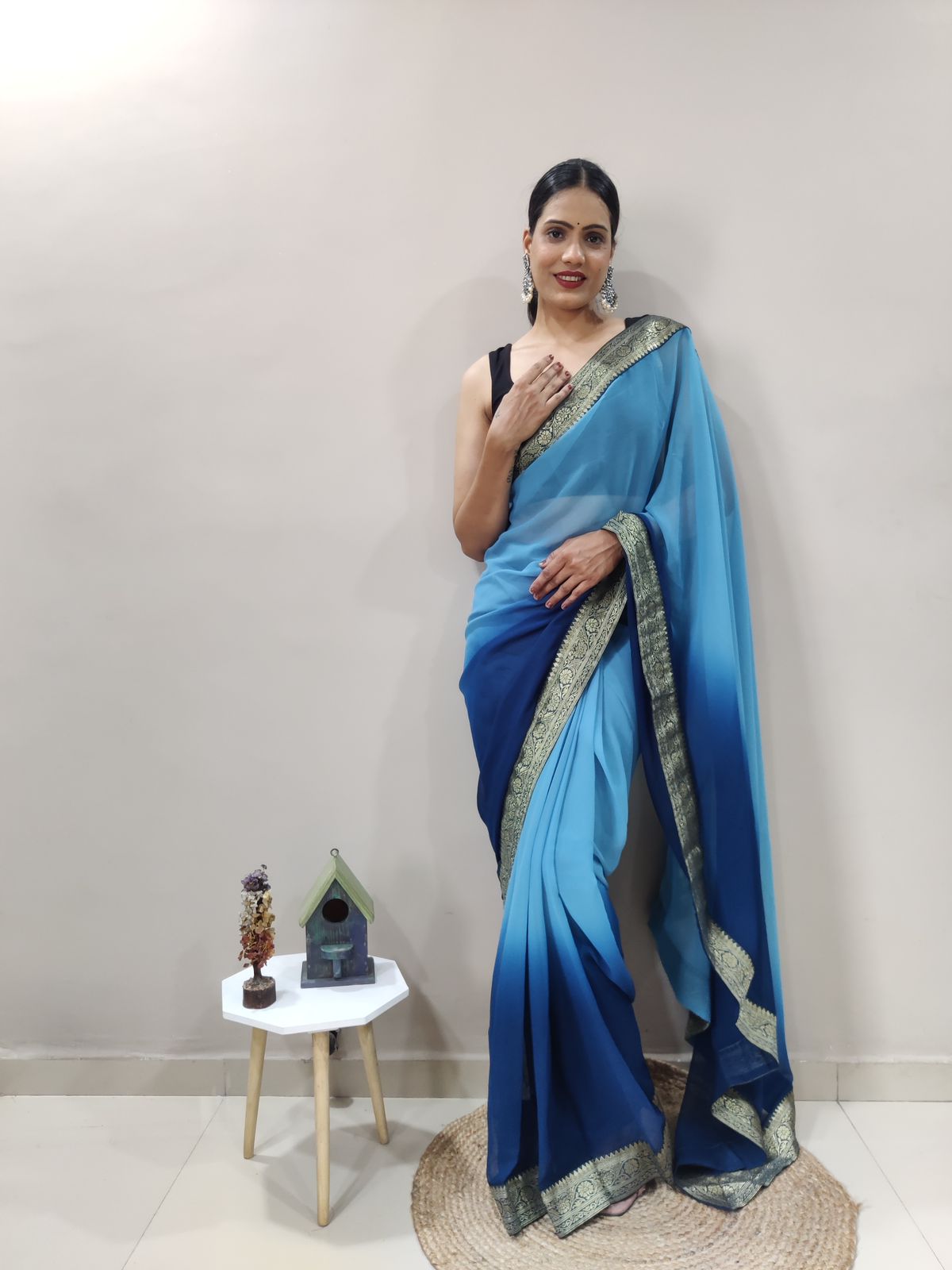 Atlantic Blue Dual Color Ready to Wear Sanghosha Silk Saree With Blouse