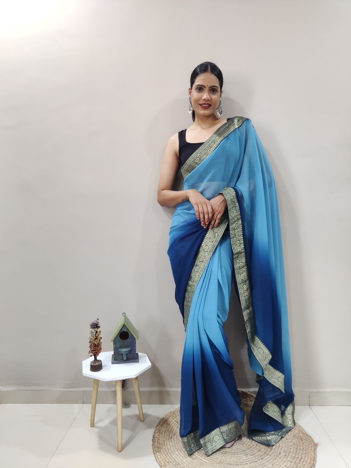 Atlantic Blue Dual Color Ready to Wear Sanghosha Silk Saree With Blouse