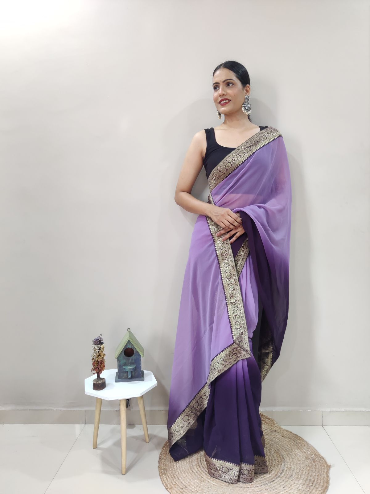 Violet Eclipse Dual Color Ready to Wear Sanghosha Silk Saree With Blouse