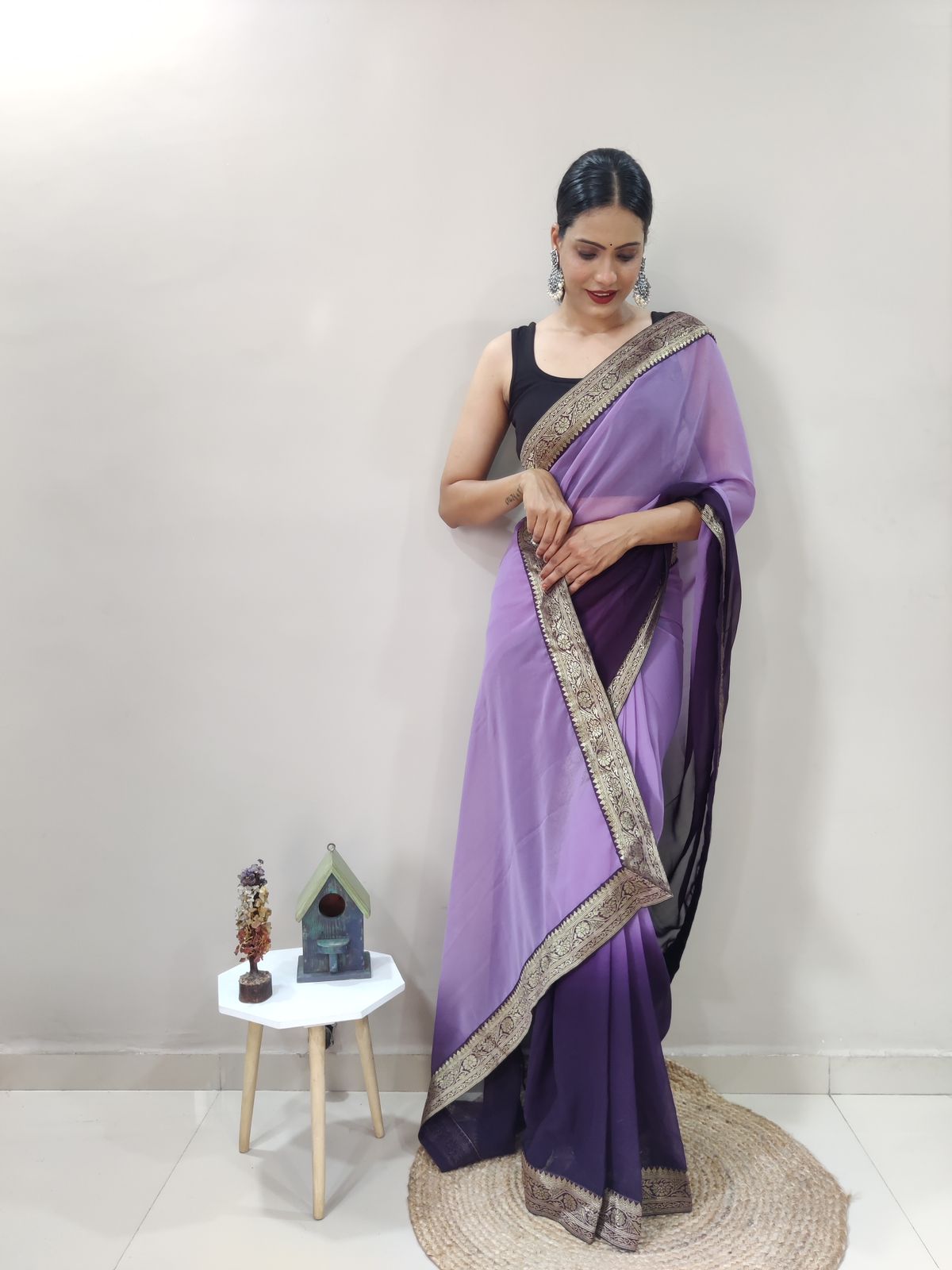 Violet Eclipse Dual Color Ready to Wear Sanghosha Silk Saree With Blouse