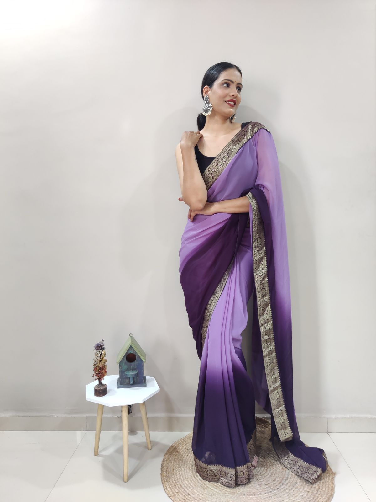 Violet Eclipse Dual Color Ready to Wear Sanghosha Silk Saree With Blouse