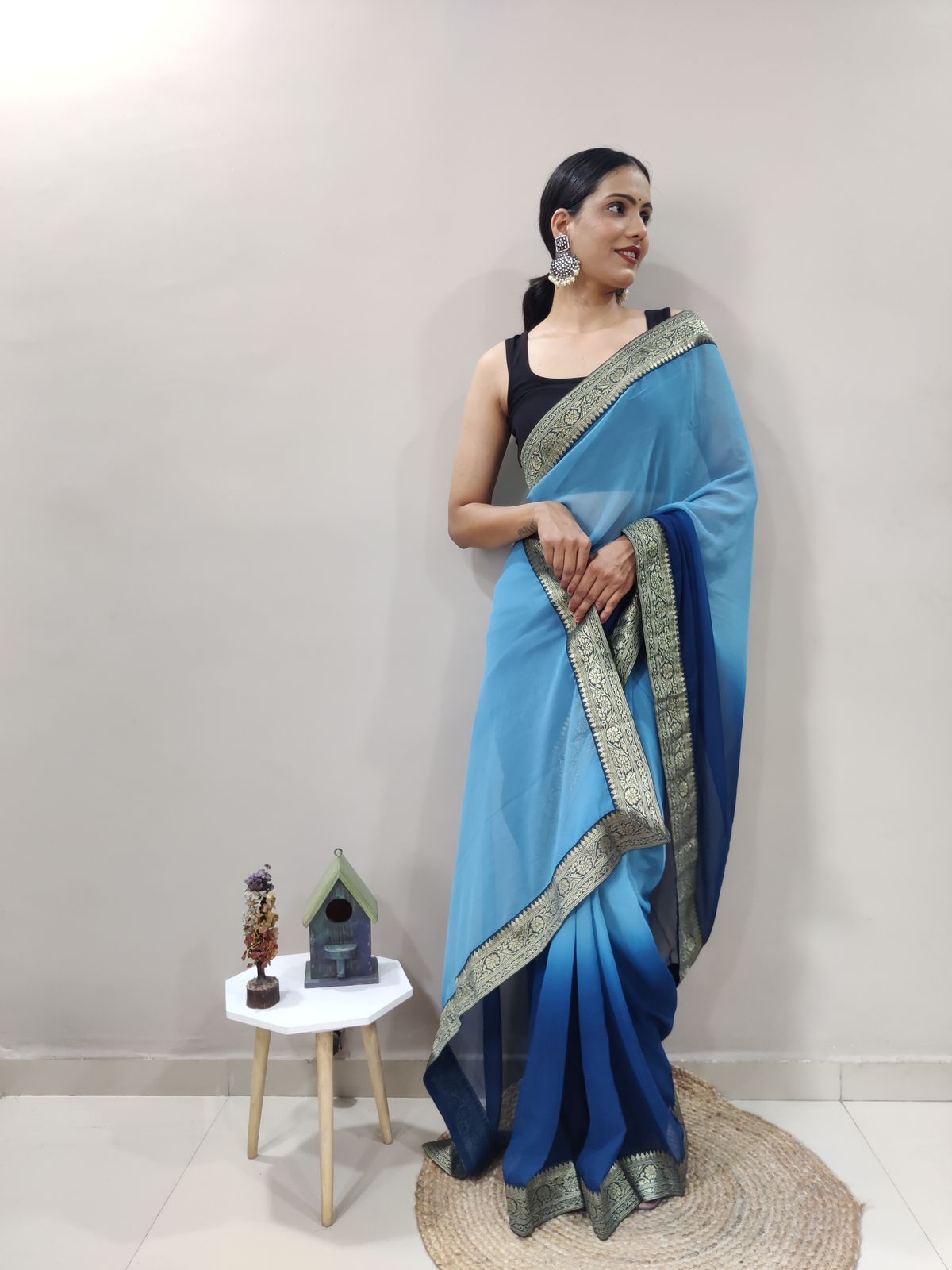 Atlantic Blue Dual Color Ready to Wear Sanghosha Silk Saree With Blouse