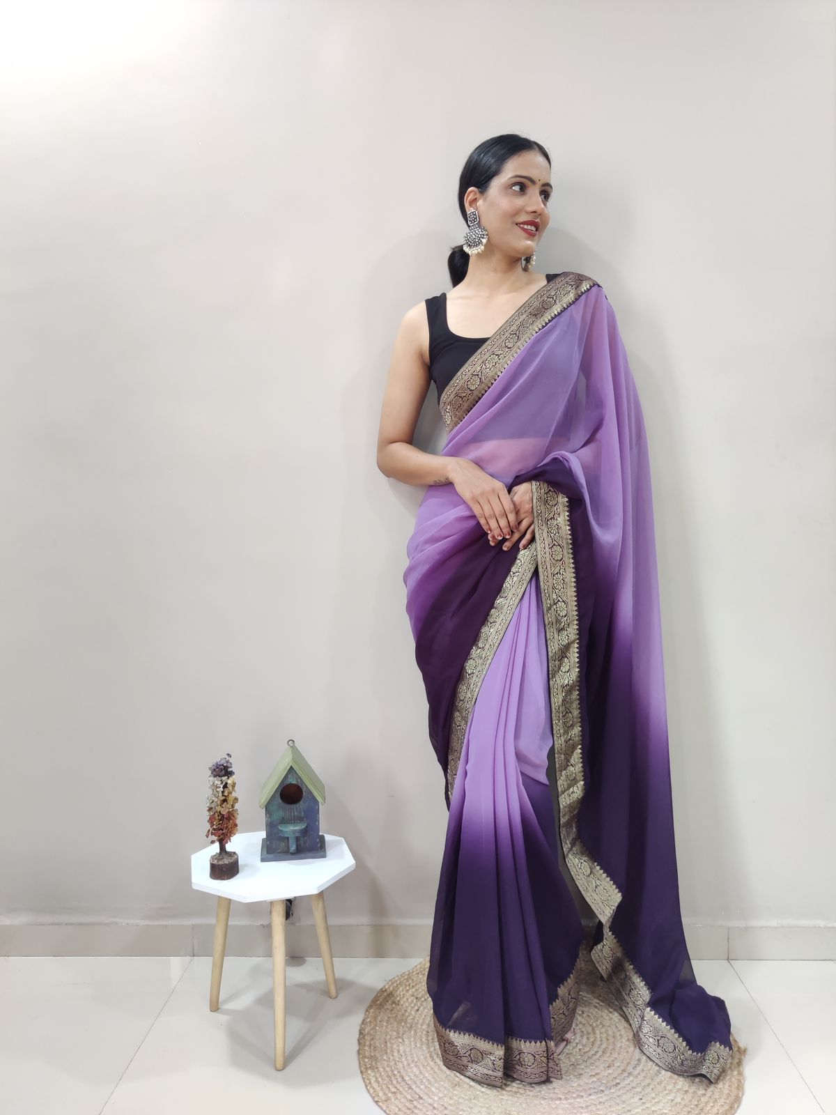 Violet Eclipse Dual Color Ready to Wear Sanghosha Silk Saree With Blouse