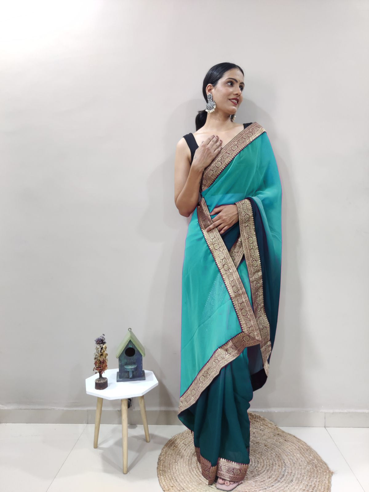 Marine Wonder Dual Color Ready to Wear Sanghosha Silk Saree With Blouse
