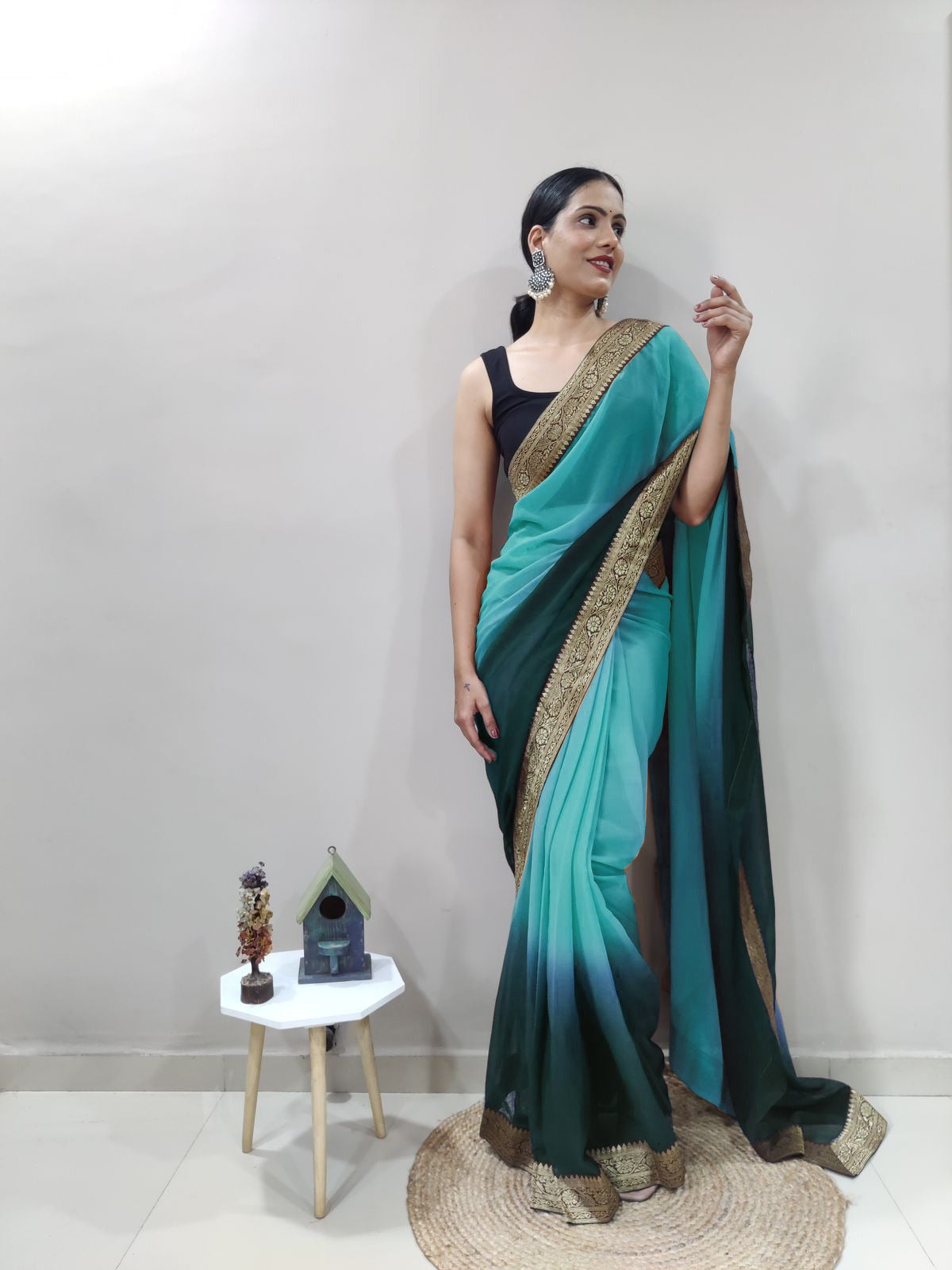 Marine Wonder Dual Color Ready to Wear Sanghosha Silk Saree With Blouse