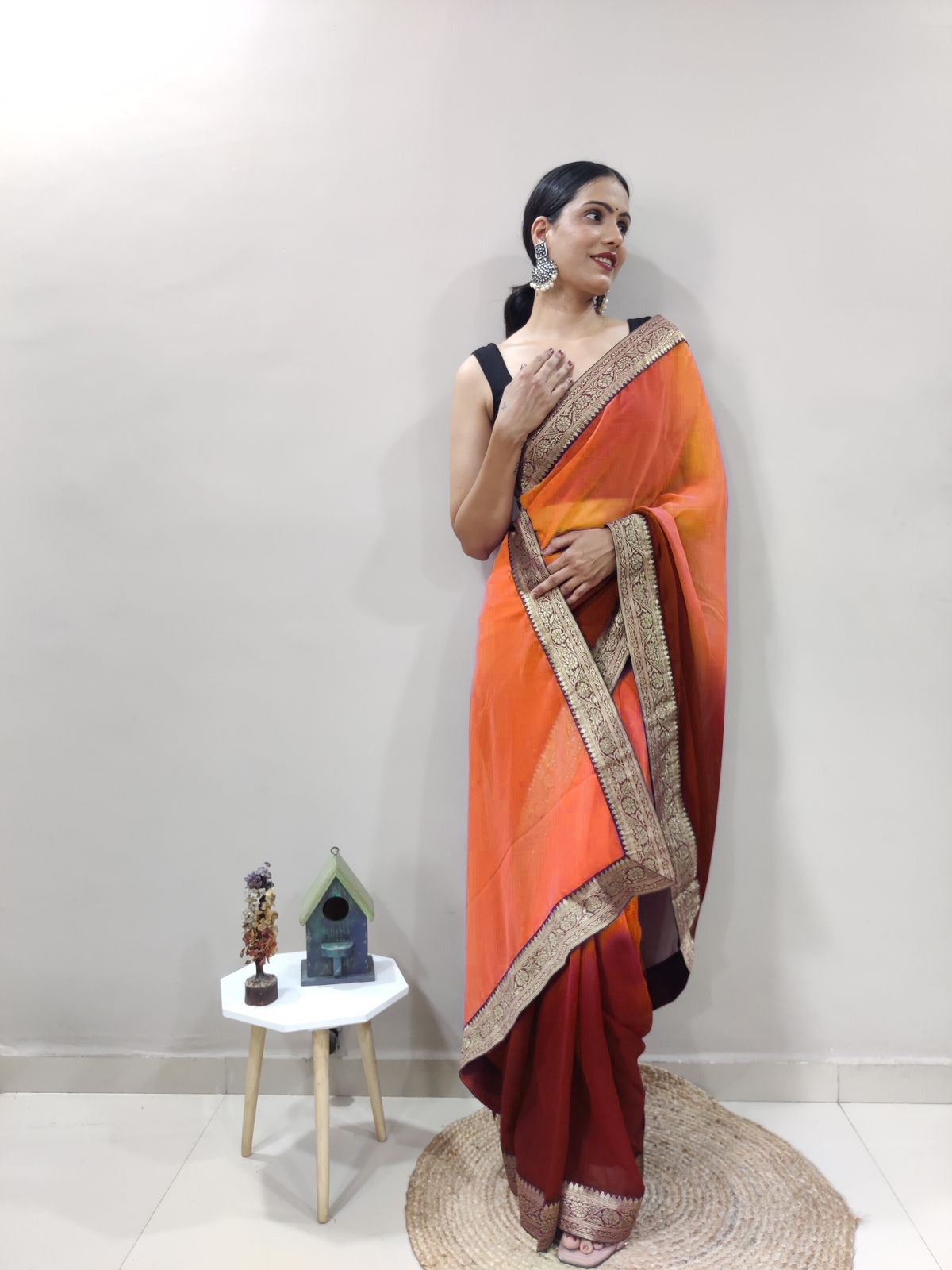 Christmas Orange Dual Color Ready to Wear Sanghosha Silk Saree With Blouse