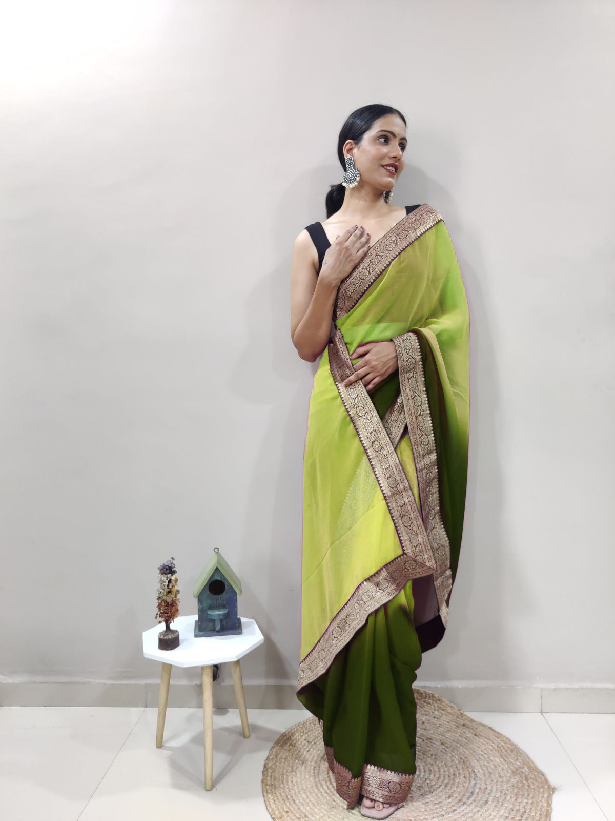 Tan Green Dual Color Ready to Wear Sanghosha Silk Saree With Blouse