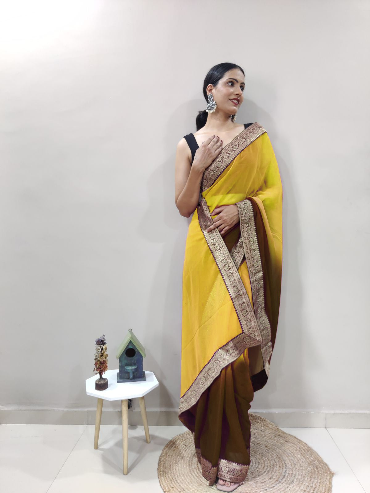 Lemon Curry Dual Color Ready to Wear Sanghosha Silk Saree With Blouse