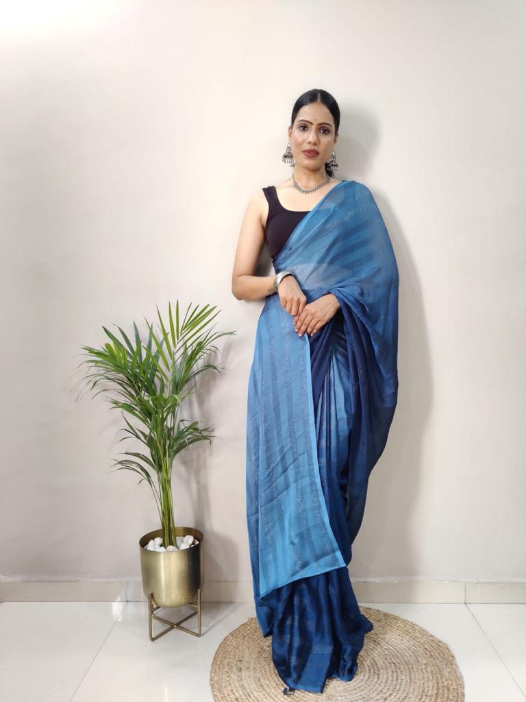 Sanghosha Genteel Blue Georgette Ombre Woven Ready to Wear Floral Design Saree and Unstitched Blouse