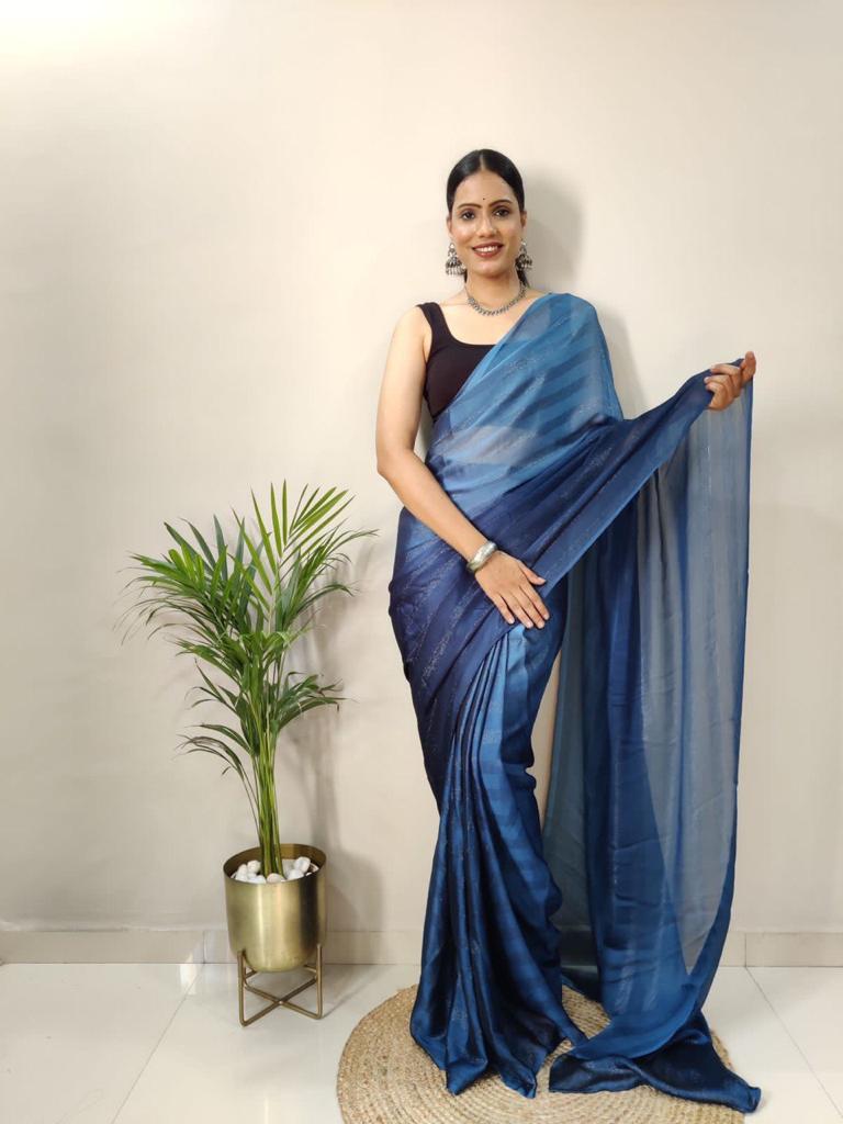 Sanghosha Genteel Blue Georgette Ombre Woven Ready to Wear Floral Design Saree and Unstitched Blouse
