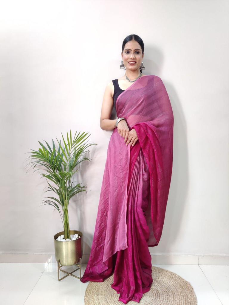 Sanghosha Deep Ruby Georgette Ombre Woven Ready to Wear Floral Design Saree and Unstitched Blouse