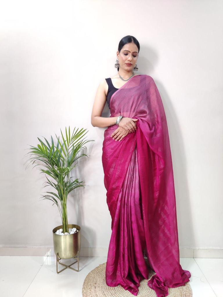 Sanghosha Deep Ruby Georgette Ombre Woven Ready to Wear Floral Design Saree and Unstitched Blouse