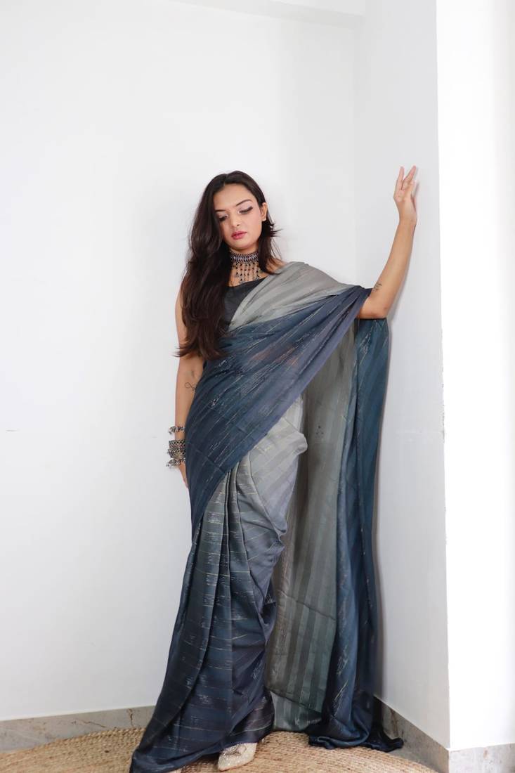 Sanghosha Grey Of Darkness Premium Georgette multicolor 1-Min Ready To Wear Saree