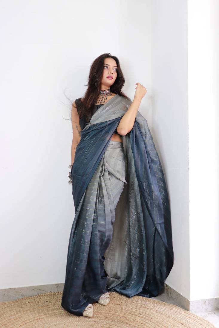 Sanghosha Grey Of Darkness Premium Georgette multicolor 1-Min Ready To Wear Saree