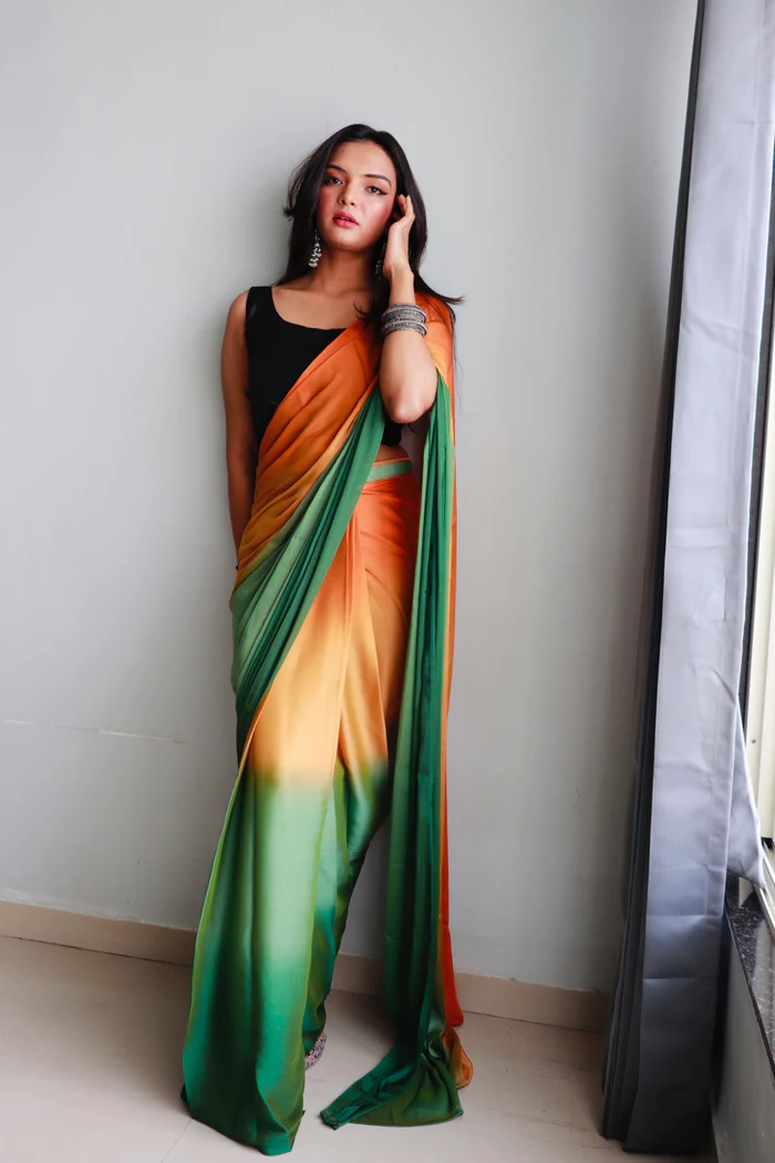 Sanghosha Bright Mango Premium 1-Minute Ready To Wear Multicolor Georgette Saree