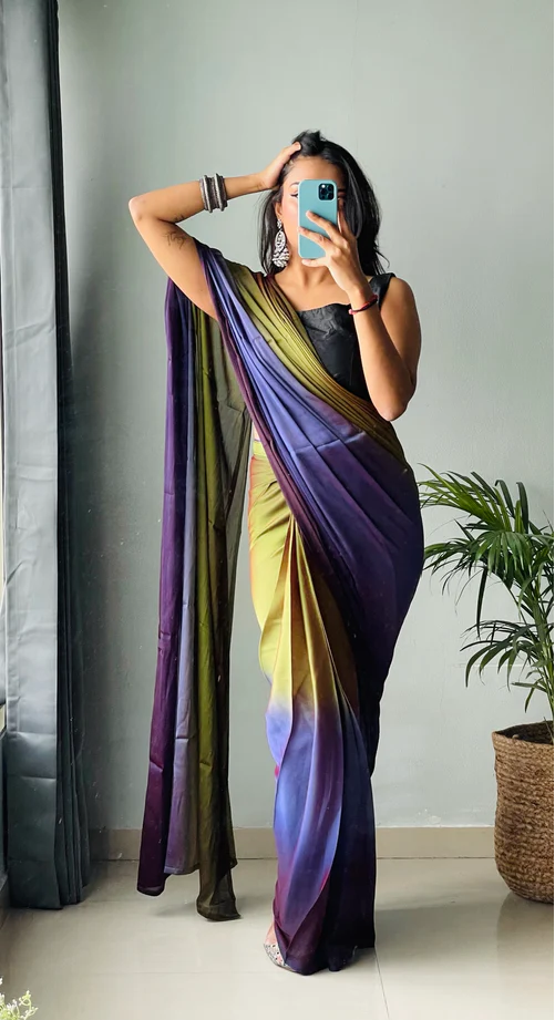 Sanghosha Evening Green Premium 1-Minute Ready To Wear Multicolor Georgette Saree