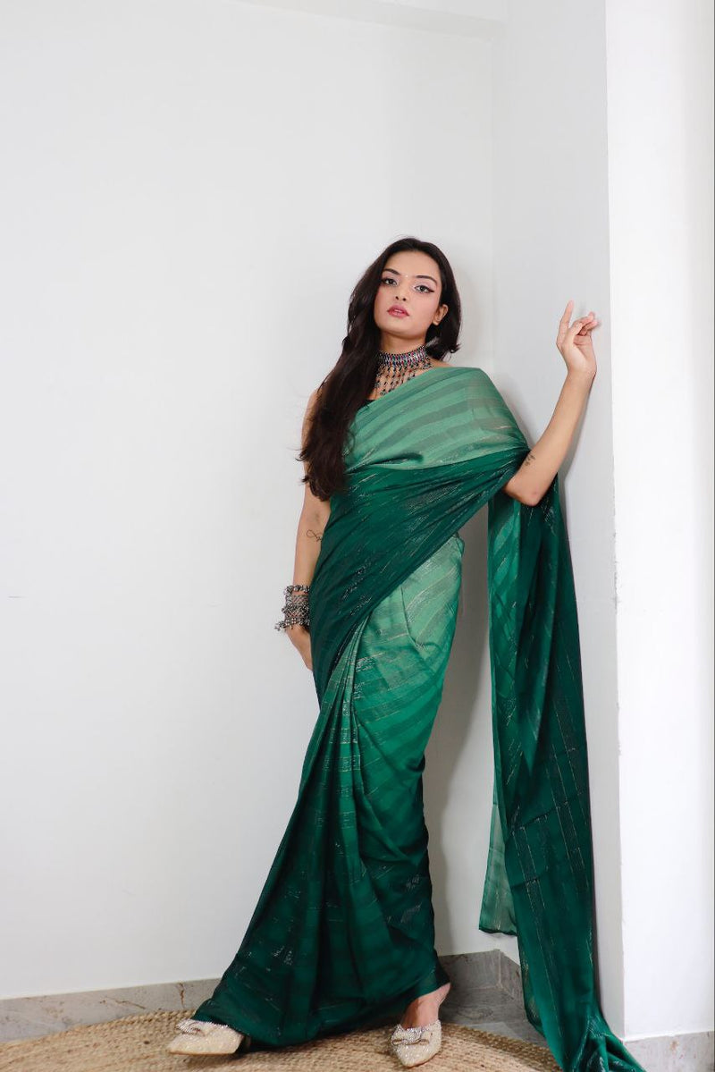 Sanghosha Antique Green Premium Georgette 1-Min Ready To Wear Saree