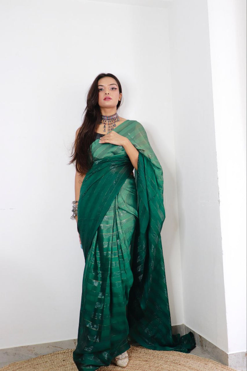 Sanghosha Antique Green Premium Georgette 1-Min Ready To Wear Saree