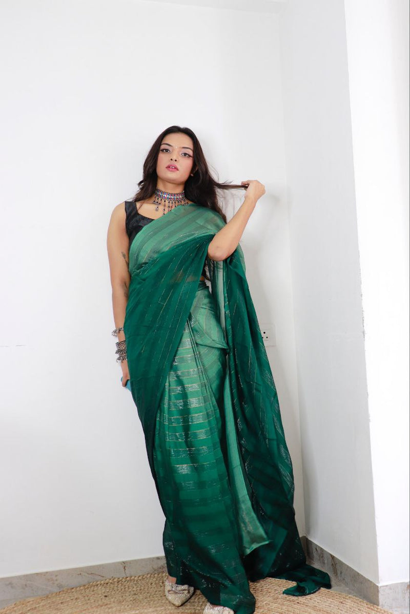 Sanghosha Antique Green Premium Georgette 1-Min Ready To Wear Saree