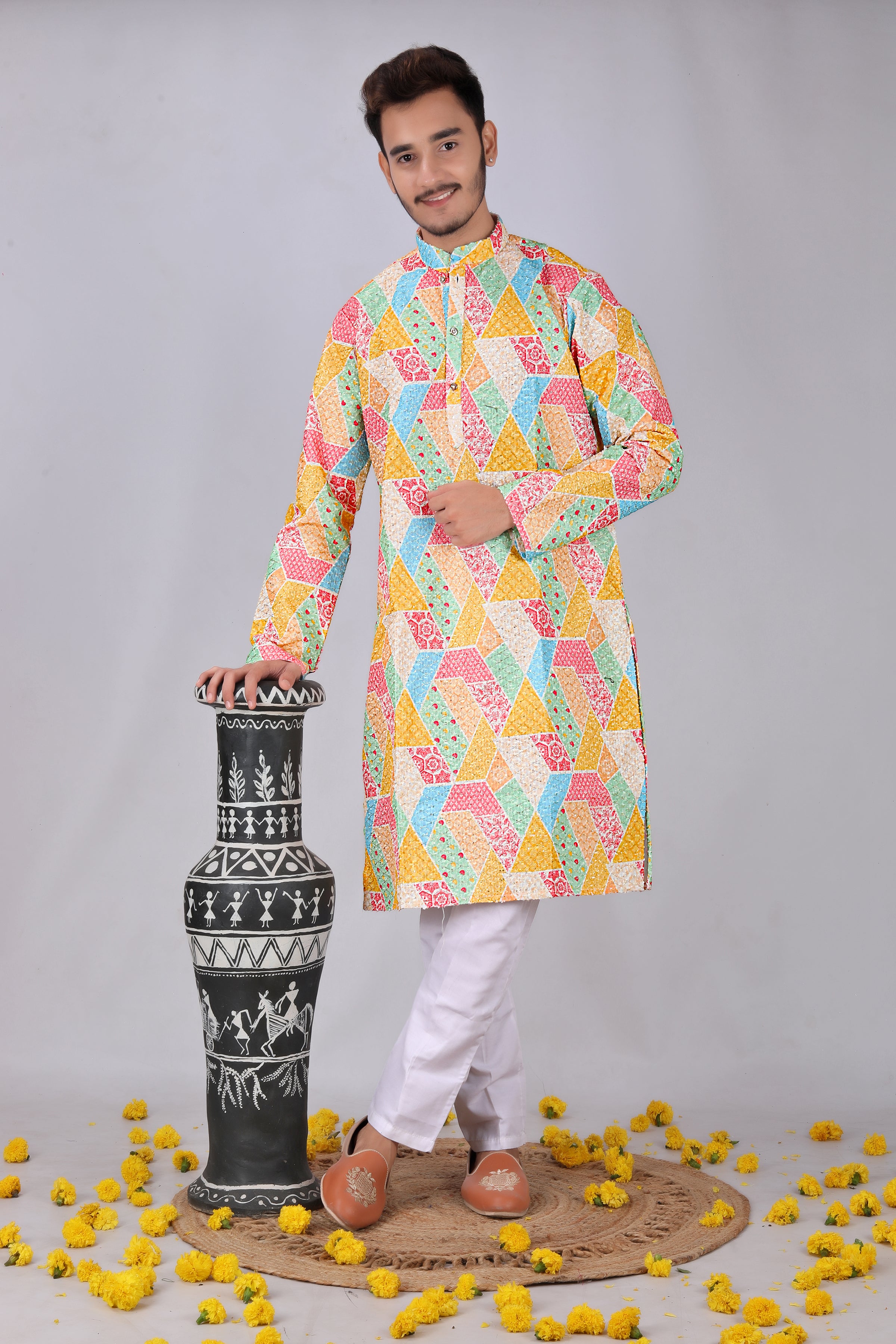 Ethnic colorfull Motifs Printed  Mandarin Collar Kurta