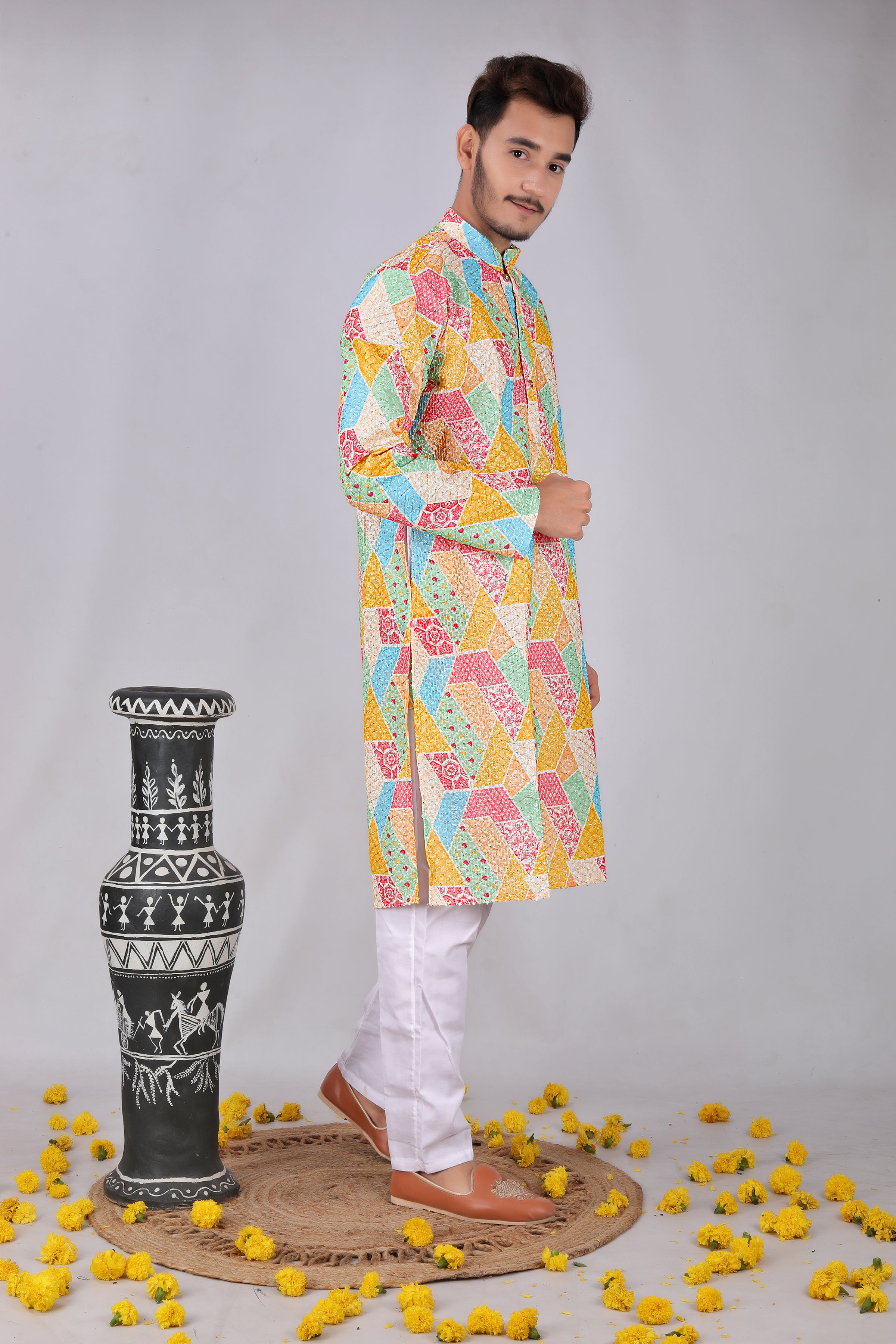 Ethnic colorfull Motifs Printed  Mandarin Collar Kurta