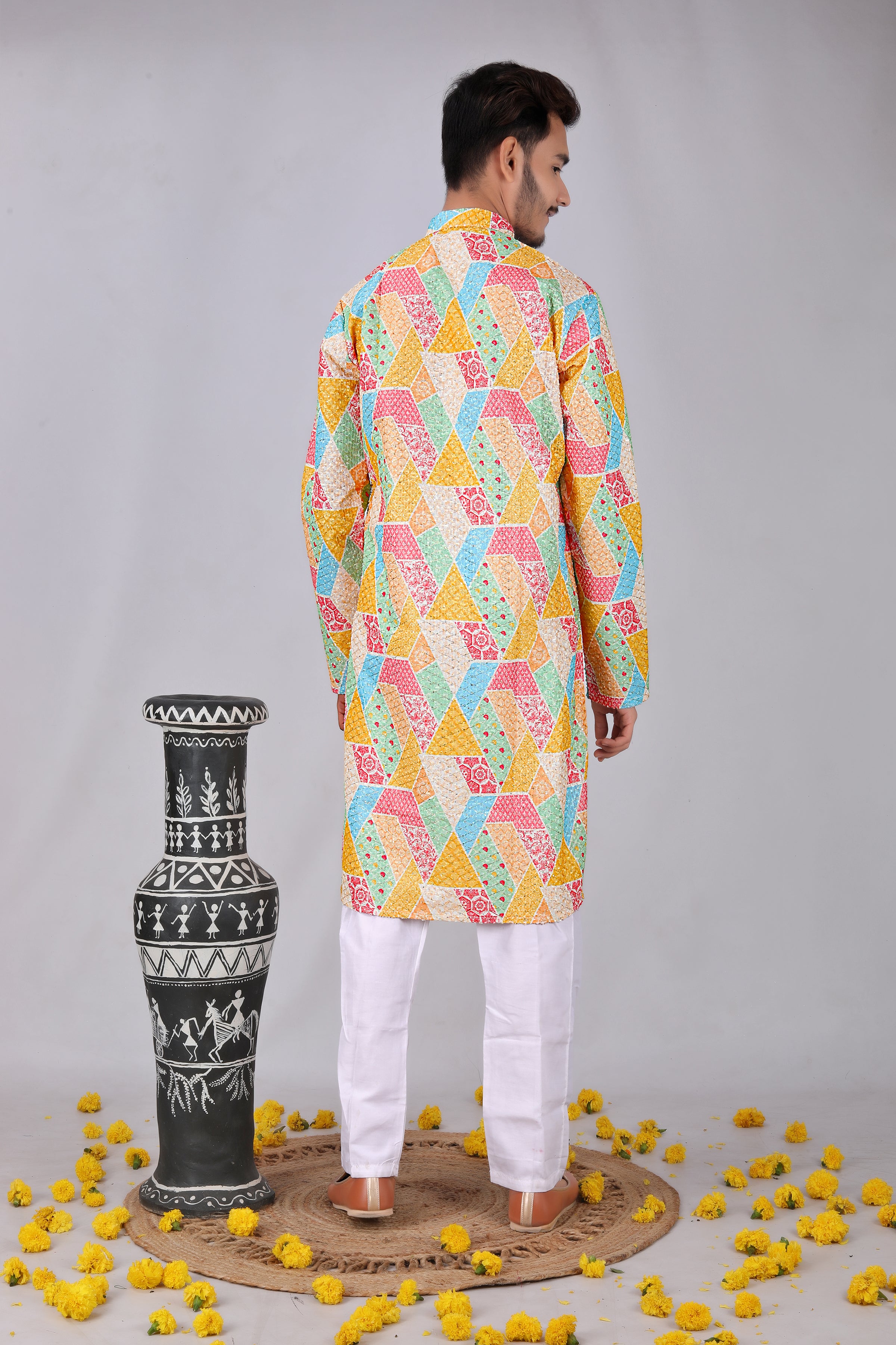 Ethnic colorfull Motifs Printed  Mandarin Collar Kurta