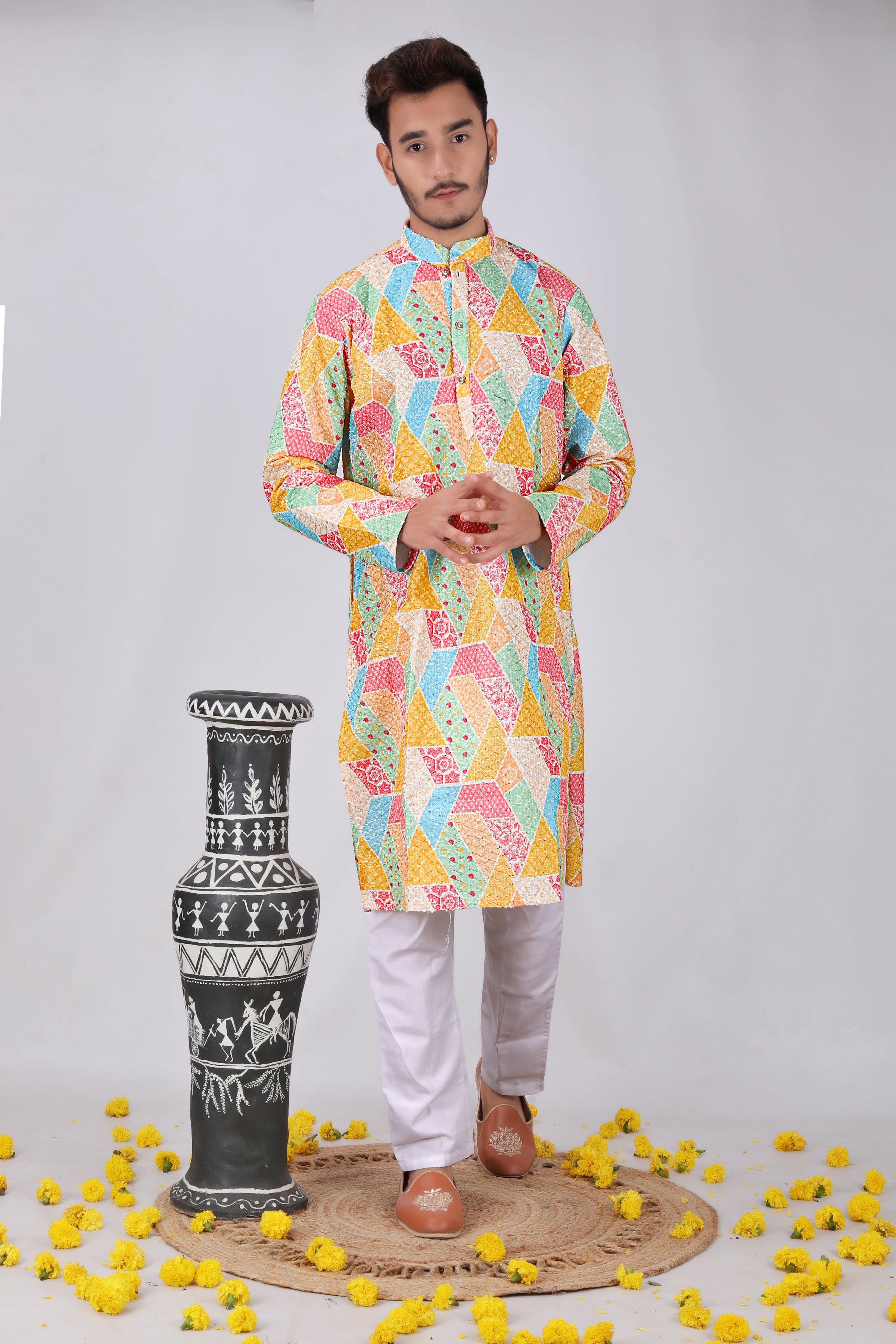 Ethnic colorfull Motifs Printed  Mandarin Collar Kurta