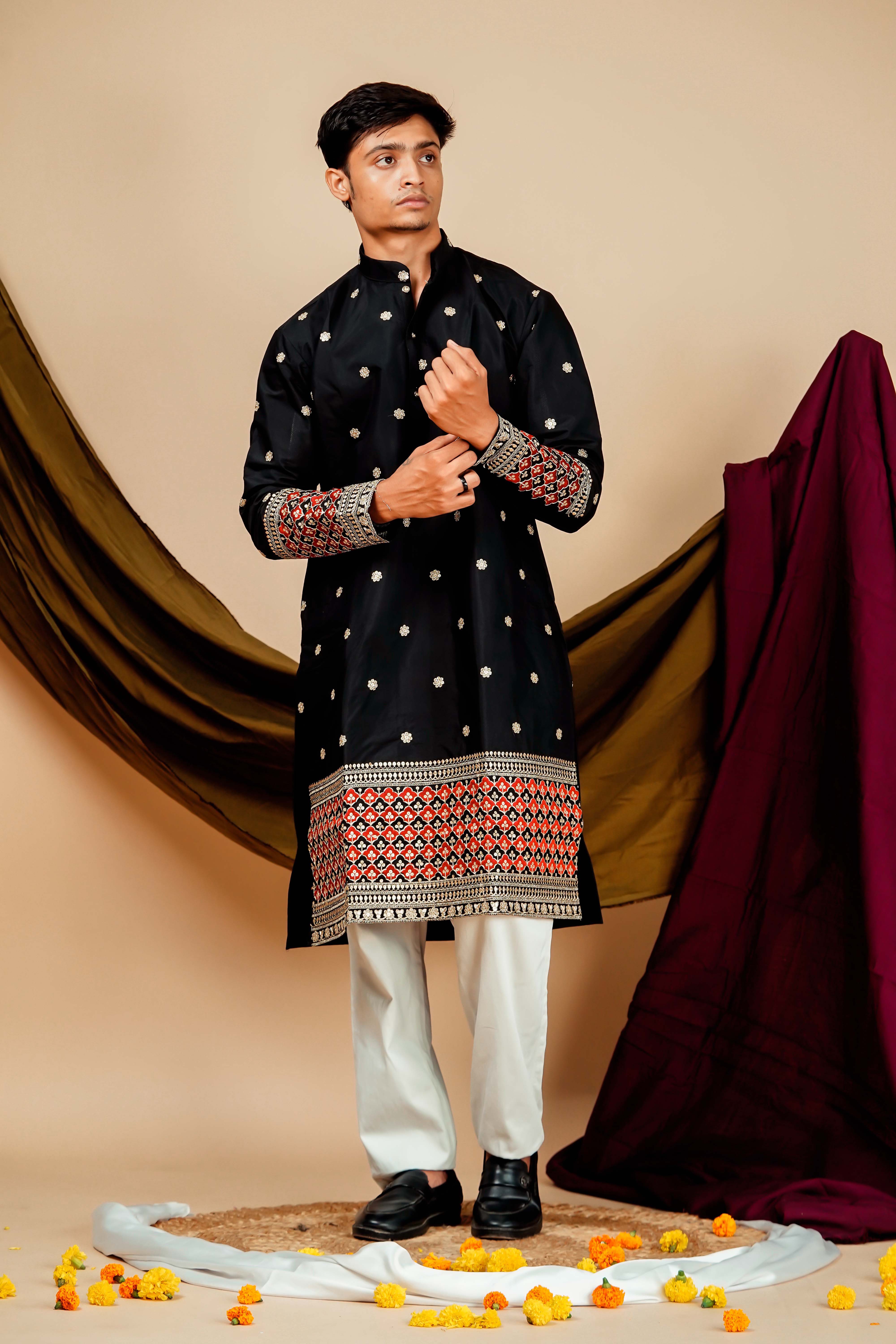 Black minara Embroidery designer Men's Kurta