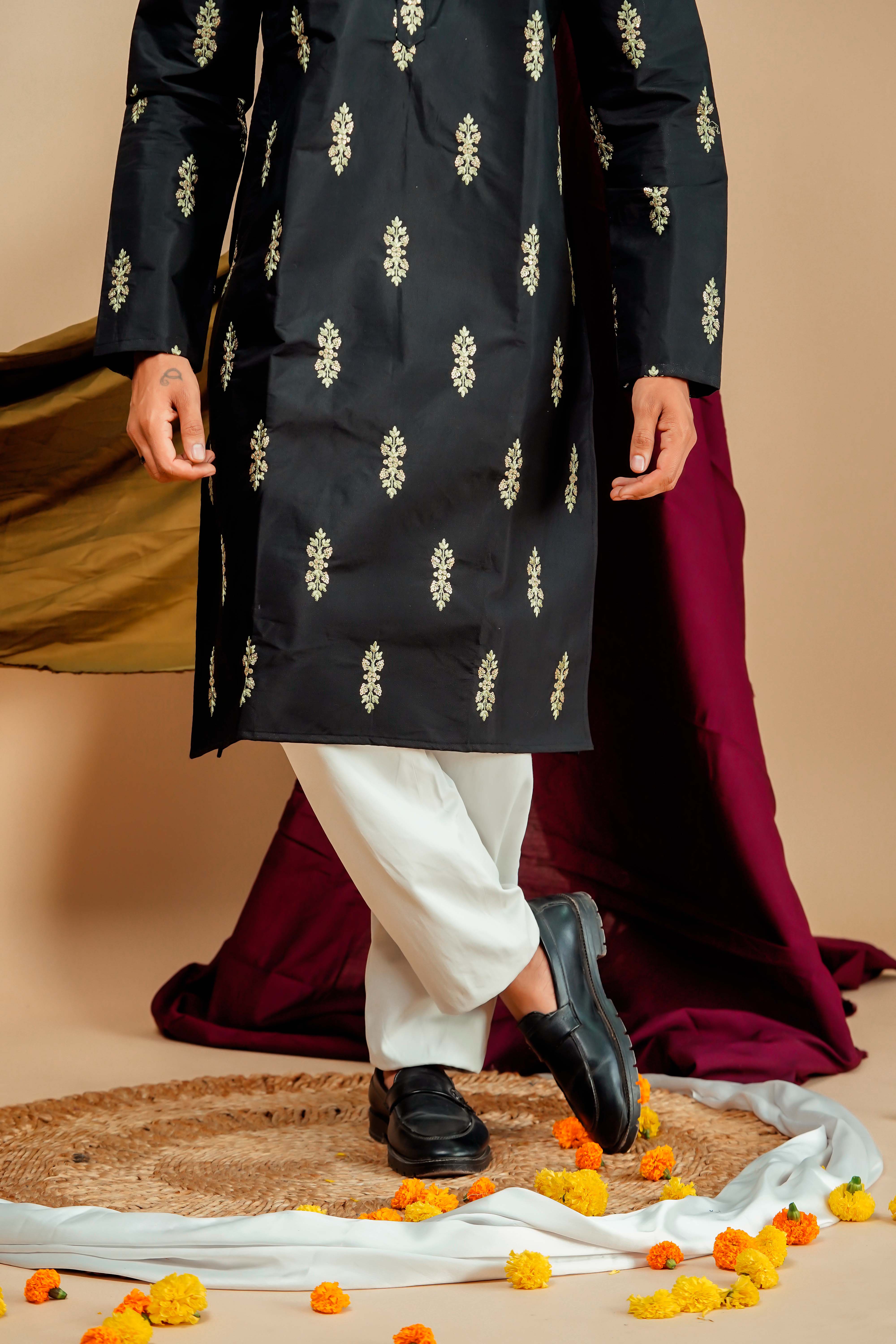 Black and Green Leaf Embrodery Work Men's Kurta