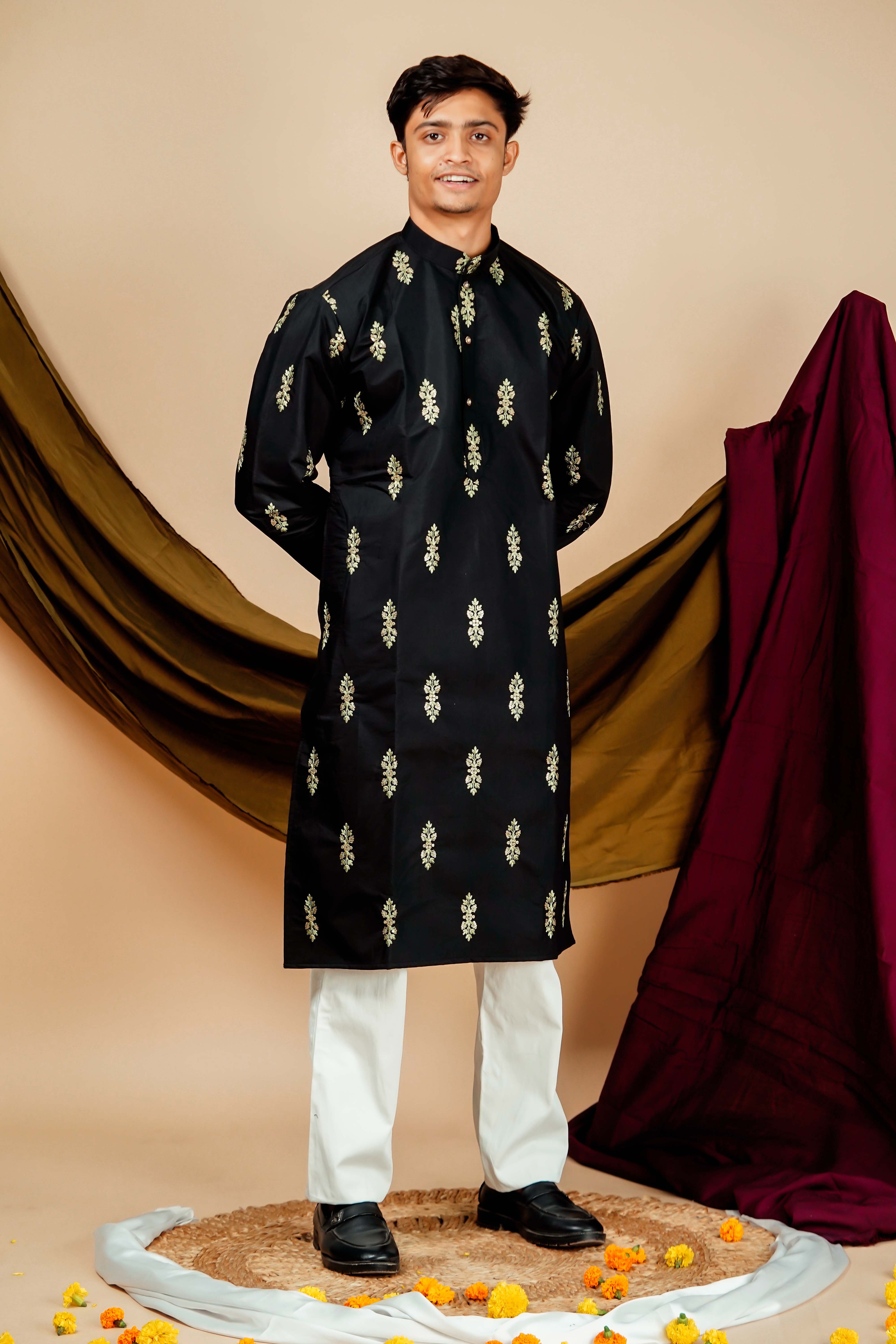 Black and Green Leaf Embrodery Work Men's Kurta