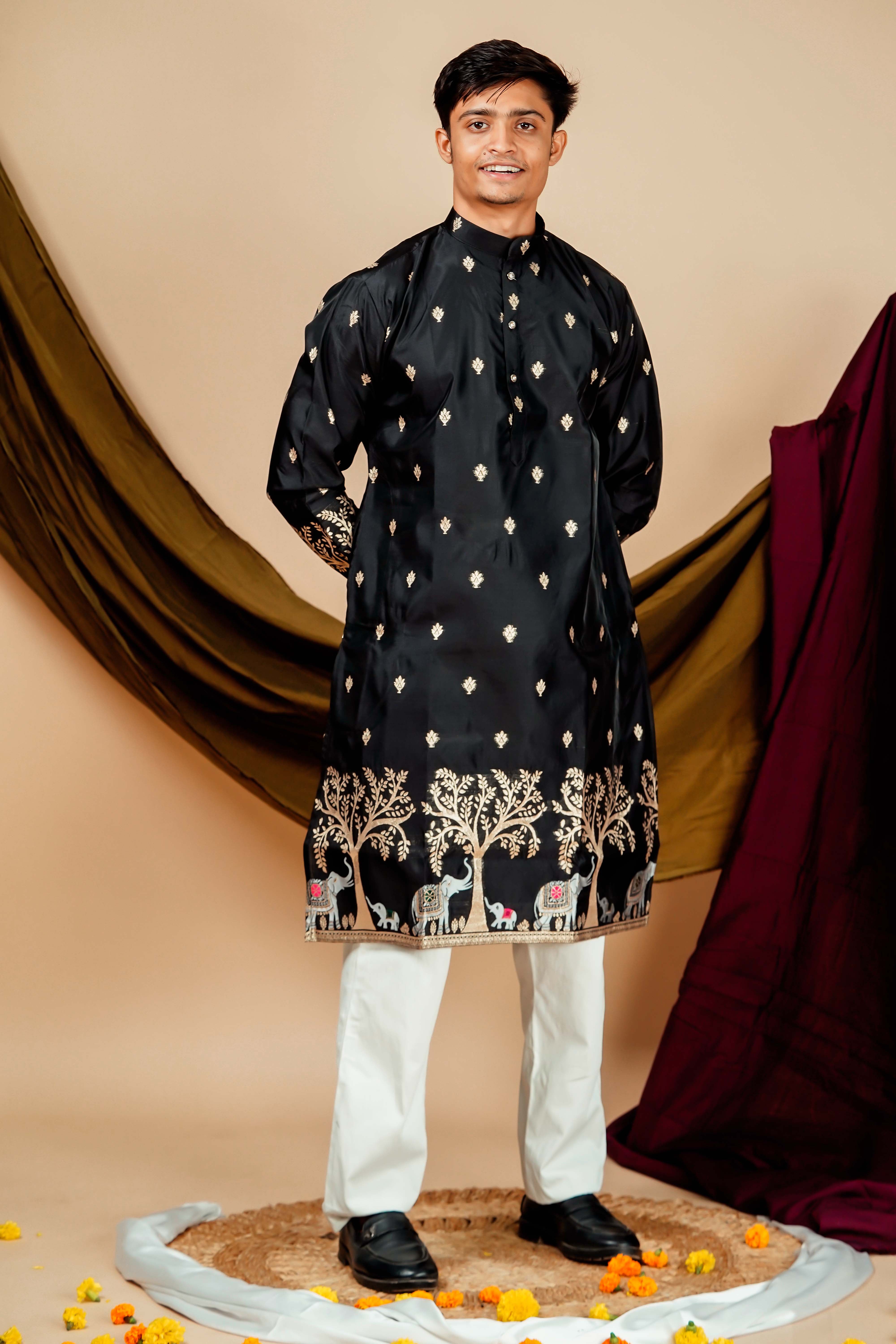 Black Gold Foil Applique Motifs Work Men's Kurta