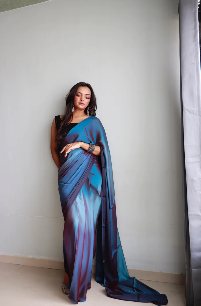 Sanghosha Swedish Blue Premium  1-Minute Ready To Wear Multicolor Georgette Saree