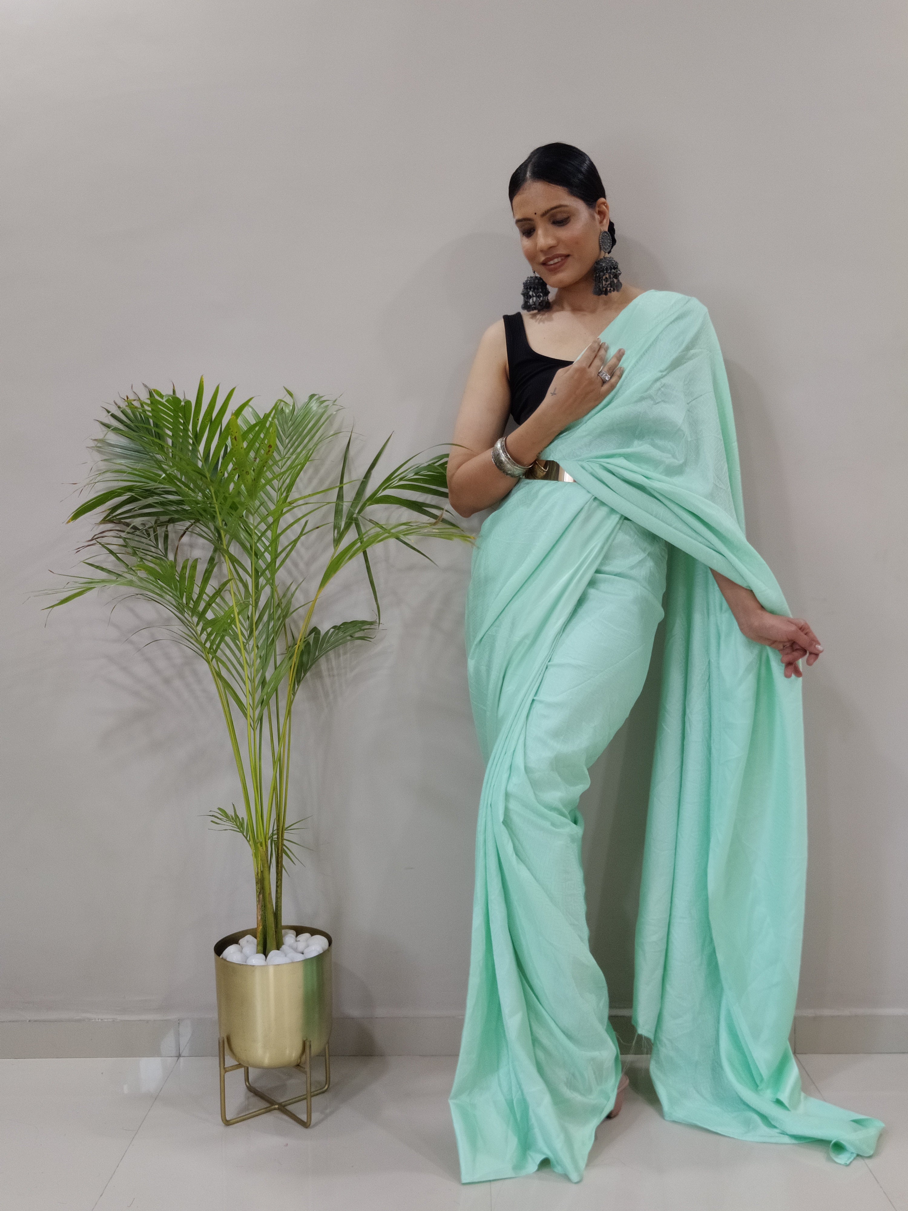 Sanghosha -MINT GREEN- bollywood style Blooming silk ready to wear Saree