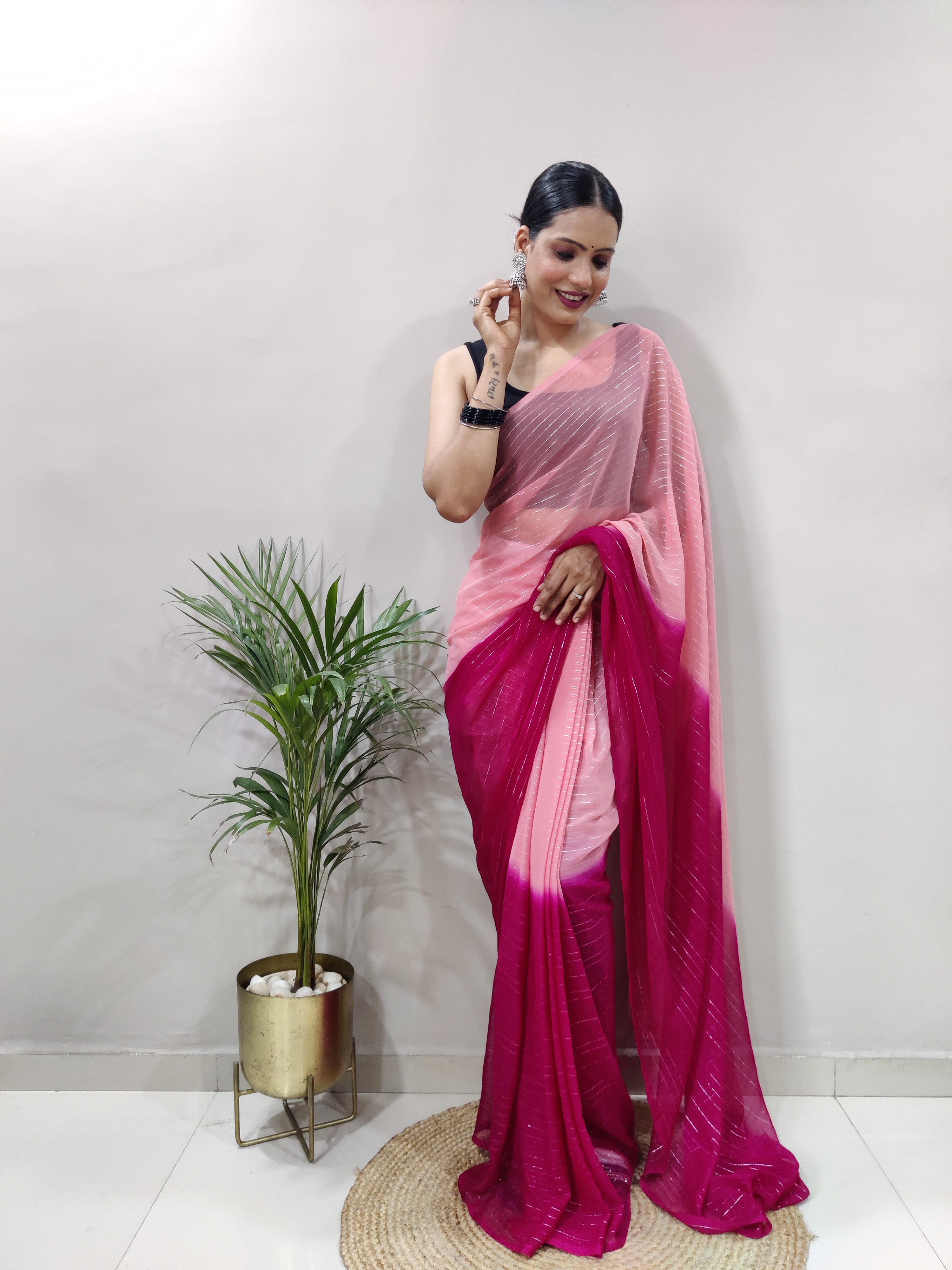 Pink Dual Color Ready to Wear Sanghosha Silk Saree With Blouse