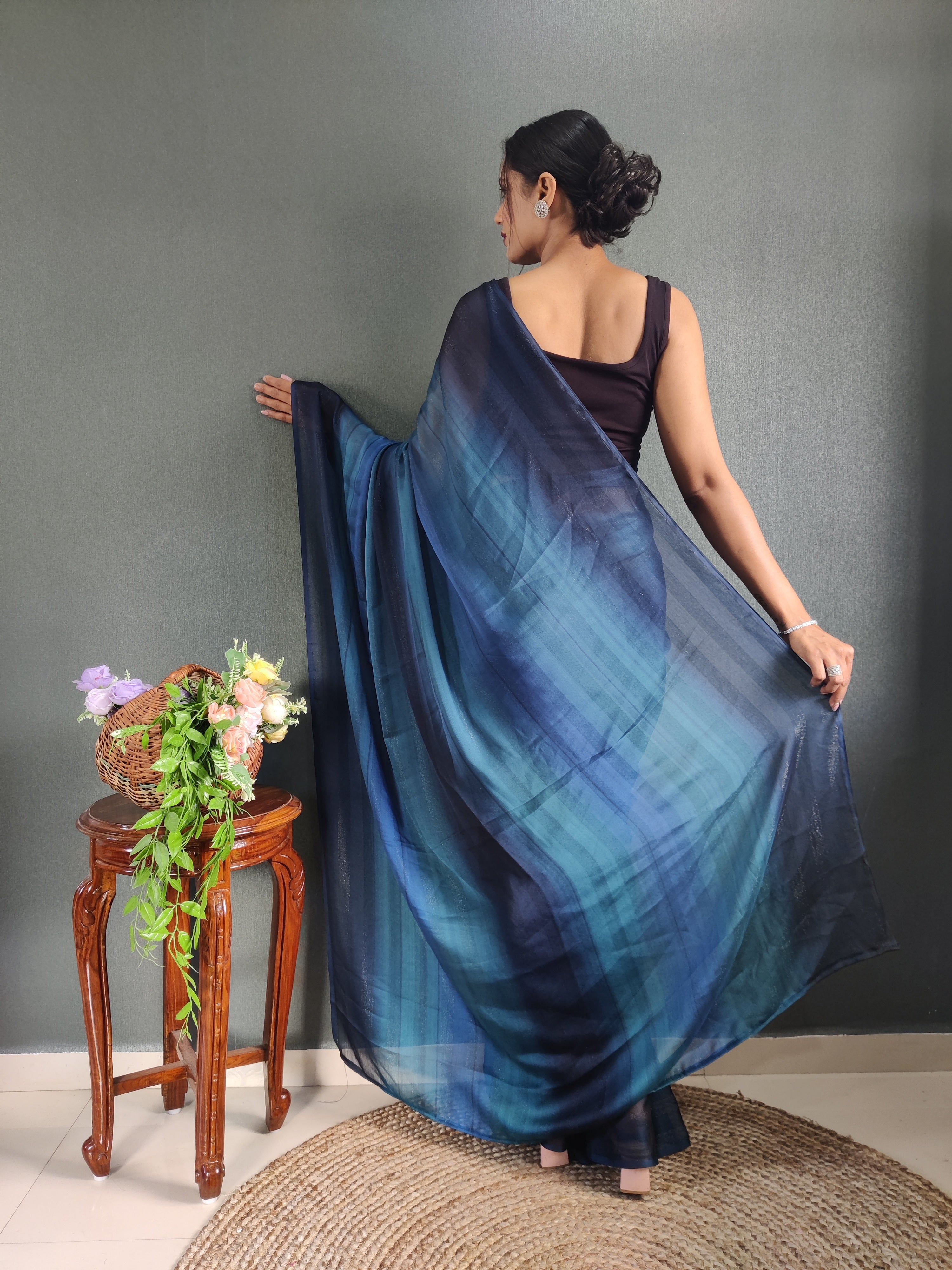 Sanghosha Blue Chrysocolla Premium Georgette 1-Min Ready To Wear Saree