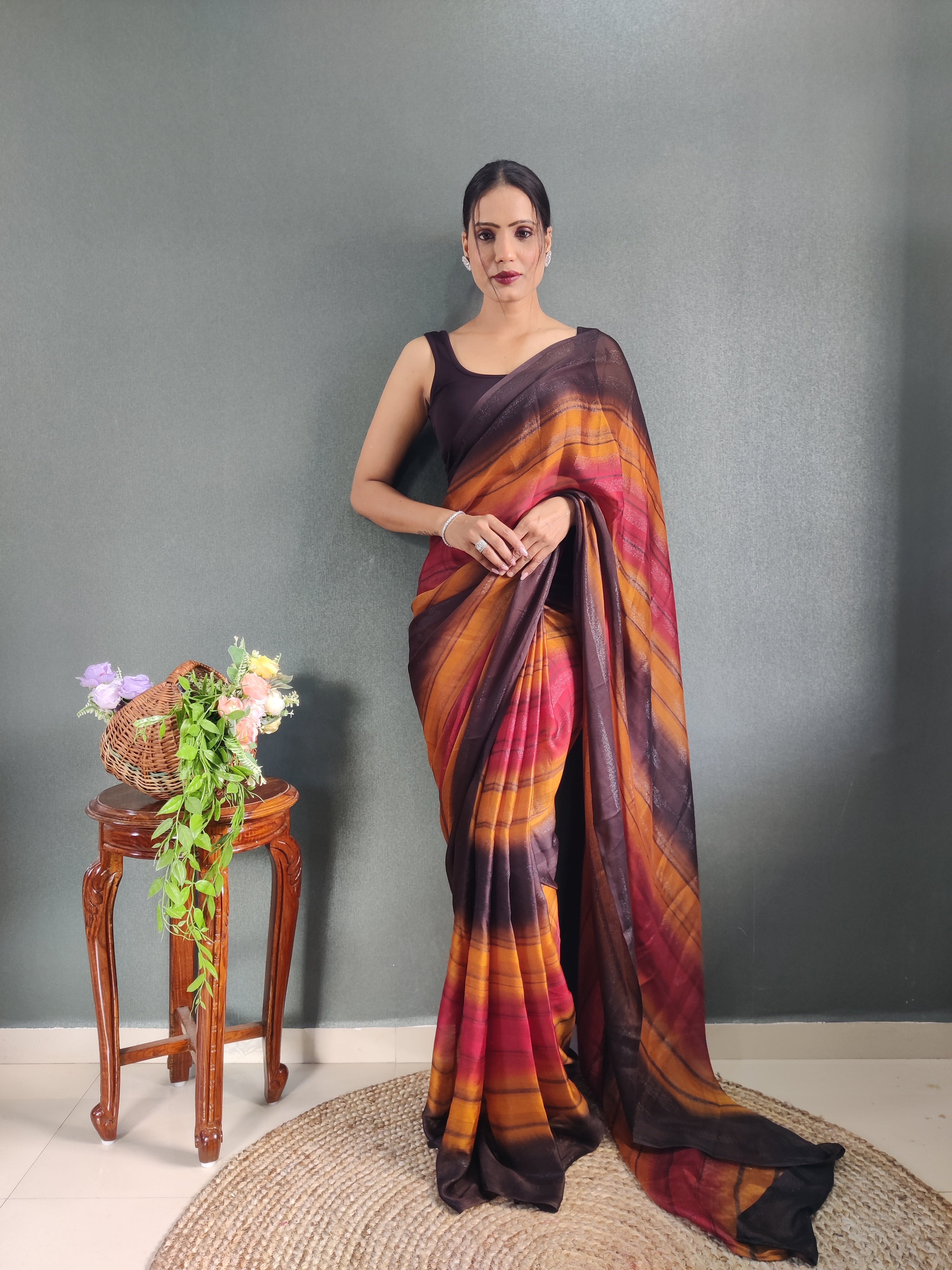 Sanghosha Calypso Berry Premium Georgette 1-Min Ready To Wear Saree