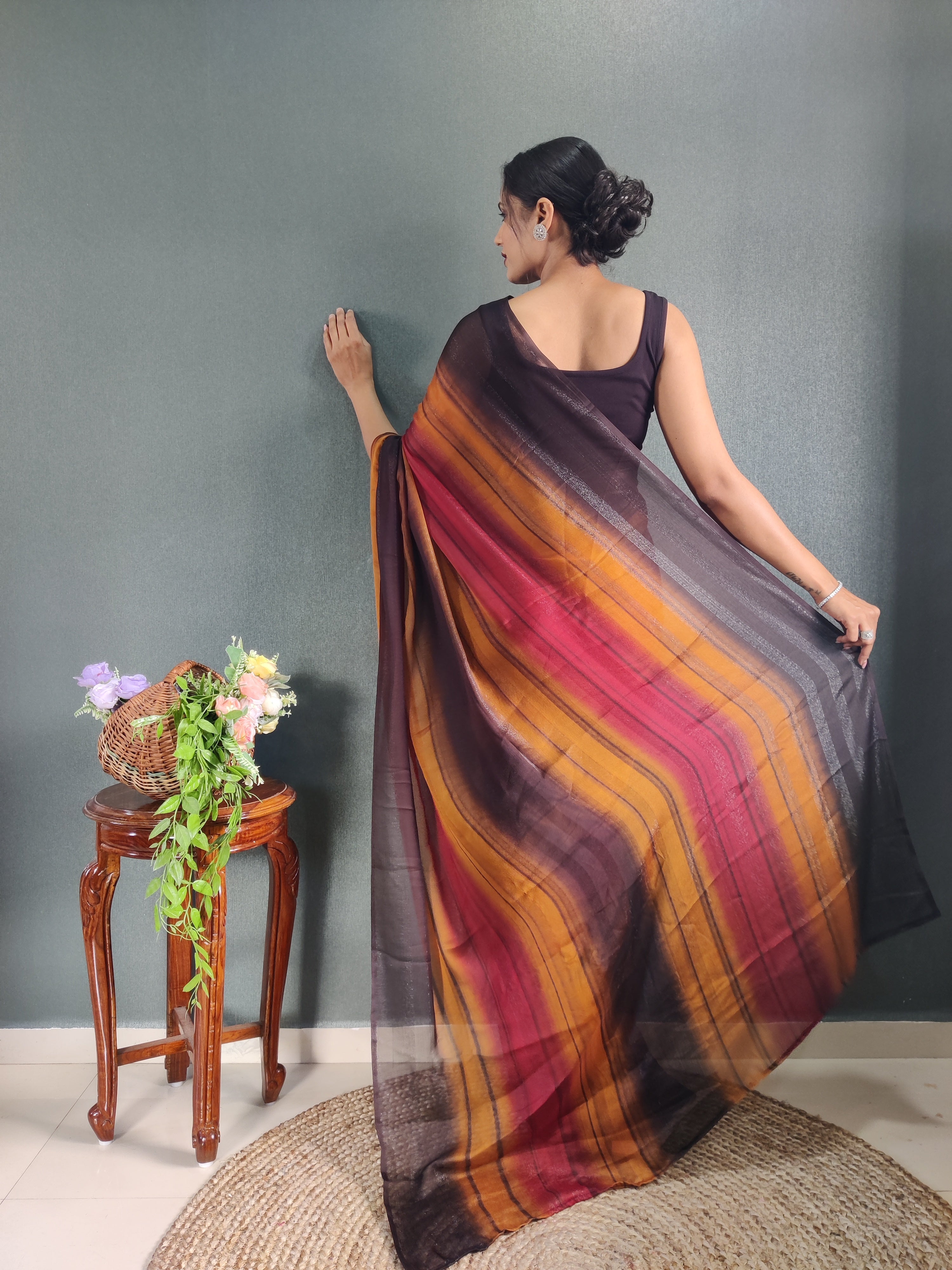 Sanghosha Calypso Berry Premium Georgette 1-Min Ready To Wear Saree