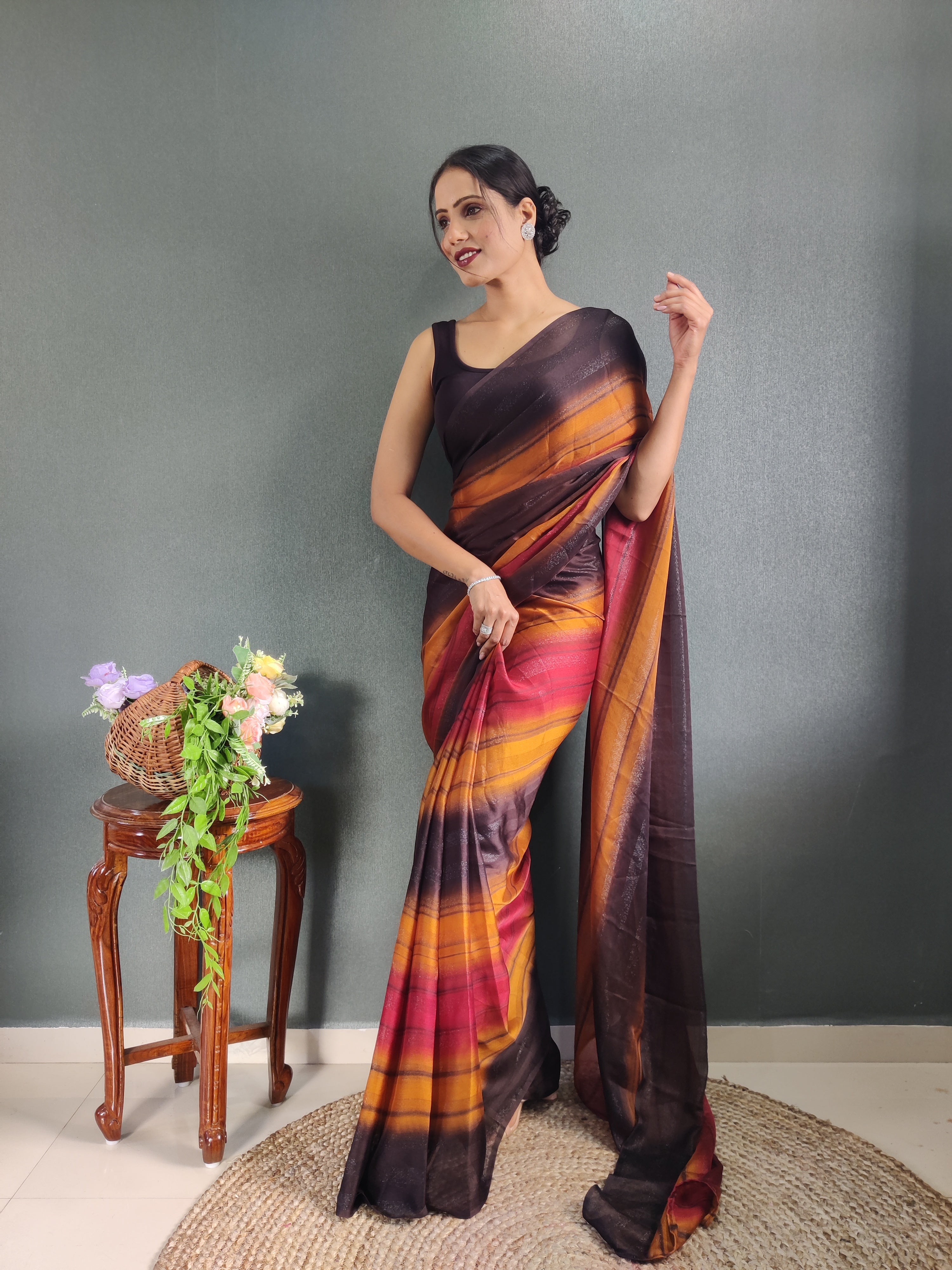 Sanghosha Calypso Berry Premium Georgette 1-Min Ready To Wear Saree