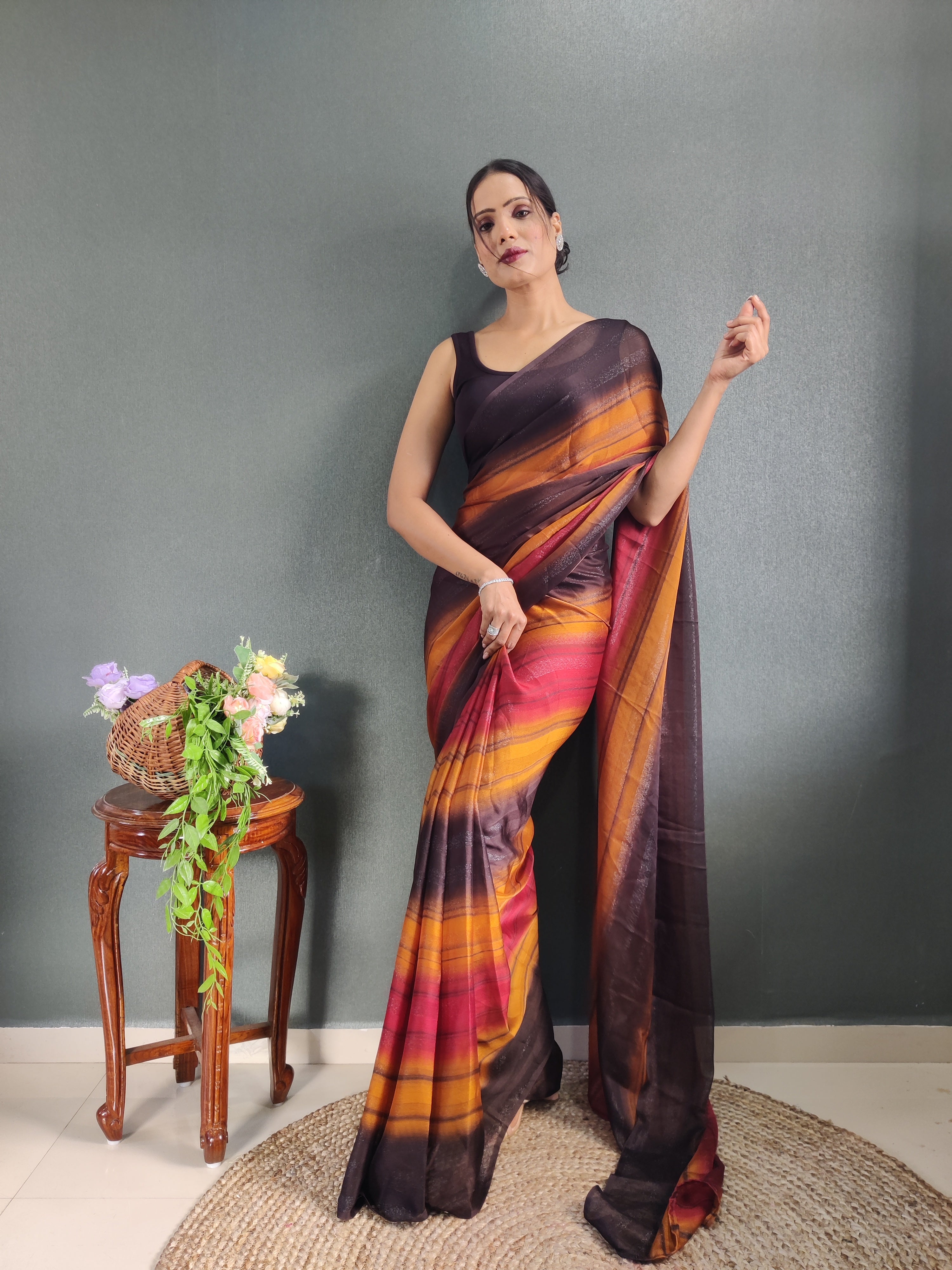 Sanghosha Calypso Berry Premium Georgette 1-Min Ready To Wear Saree