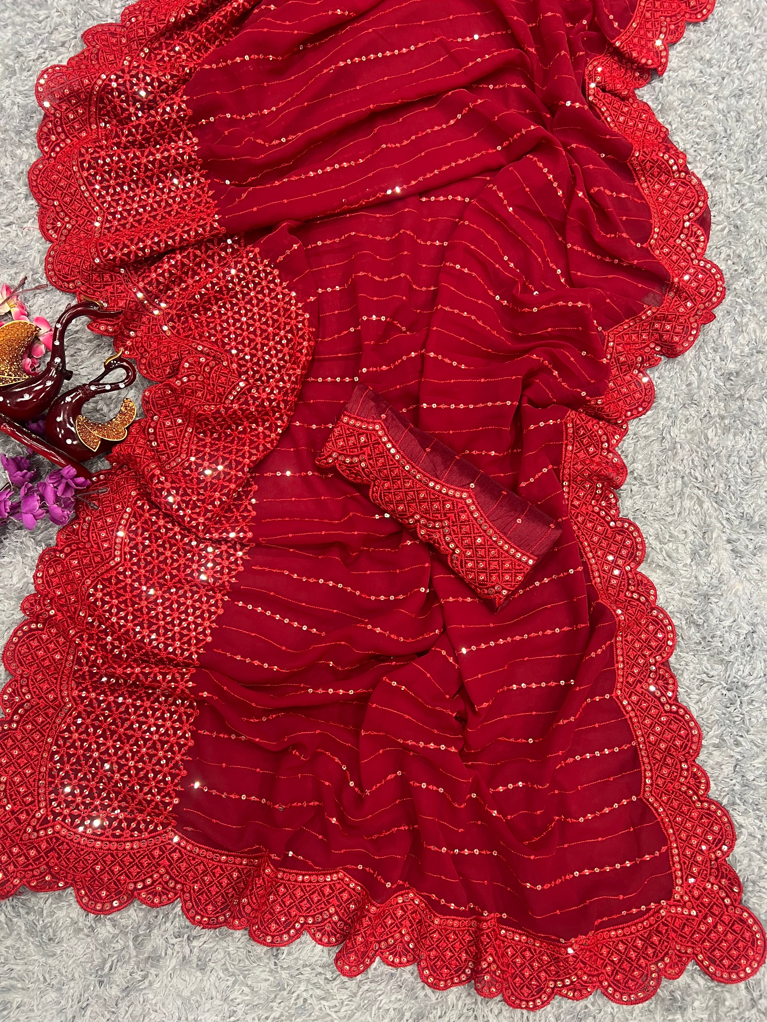 Red Georgette Fabric With Sequence embroidery Work Party Wear Saree