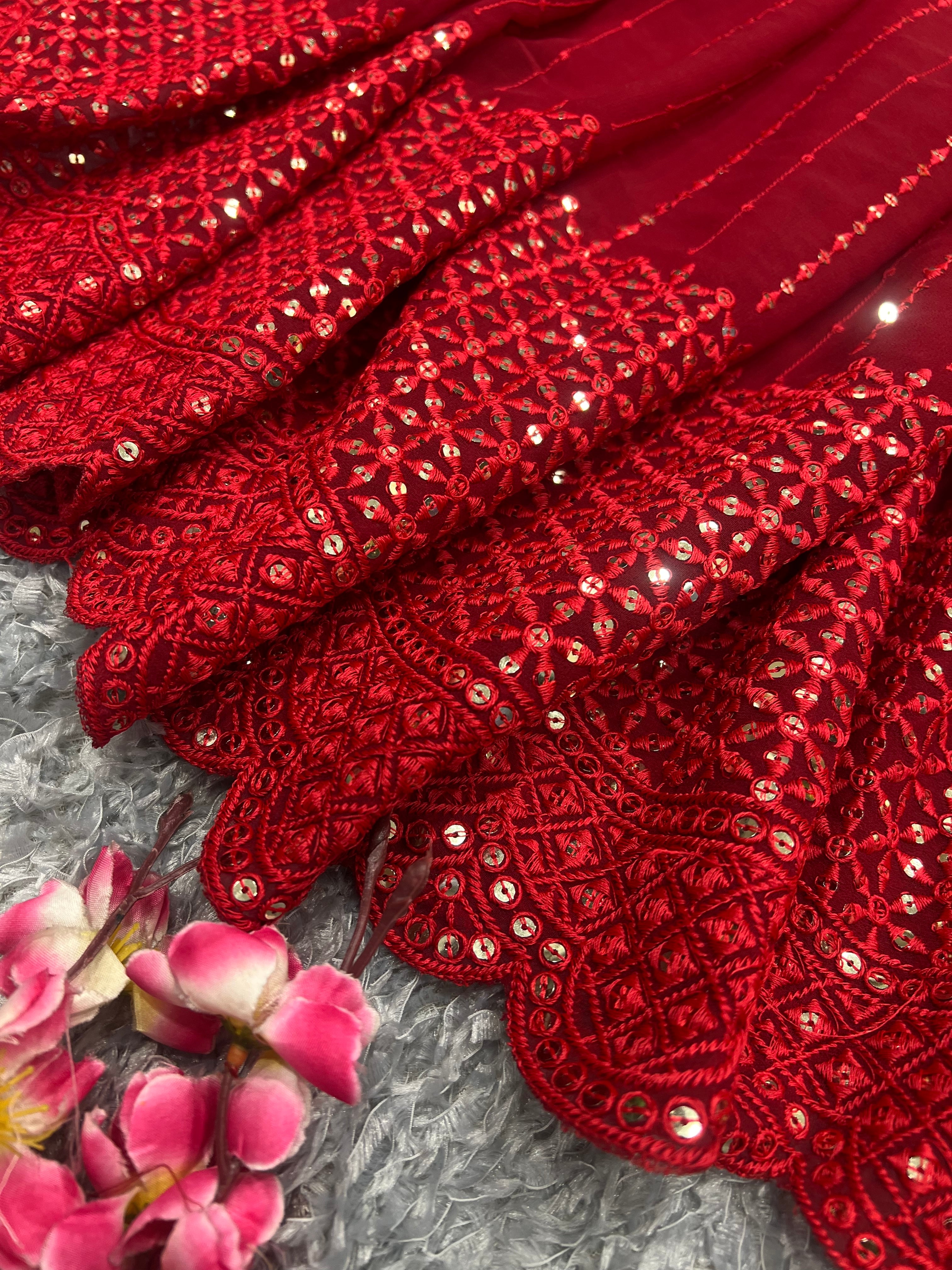 Red Georgette Fabric With Sequence embroidery Work Party Wear Saree
