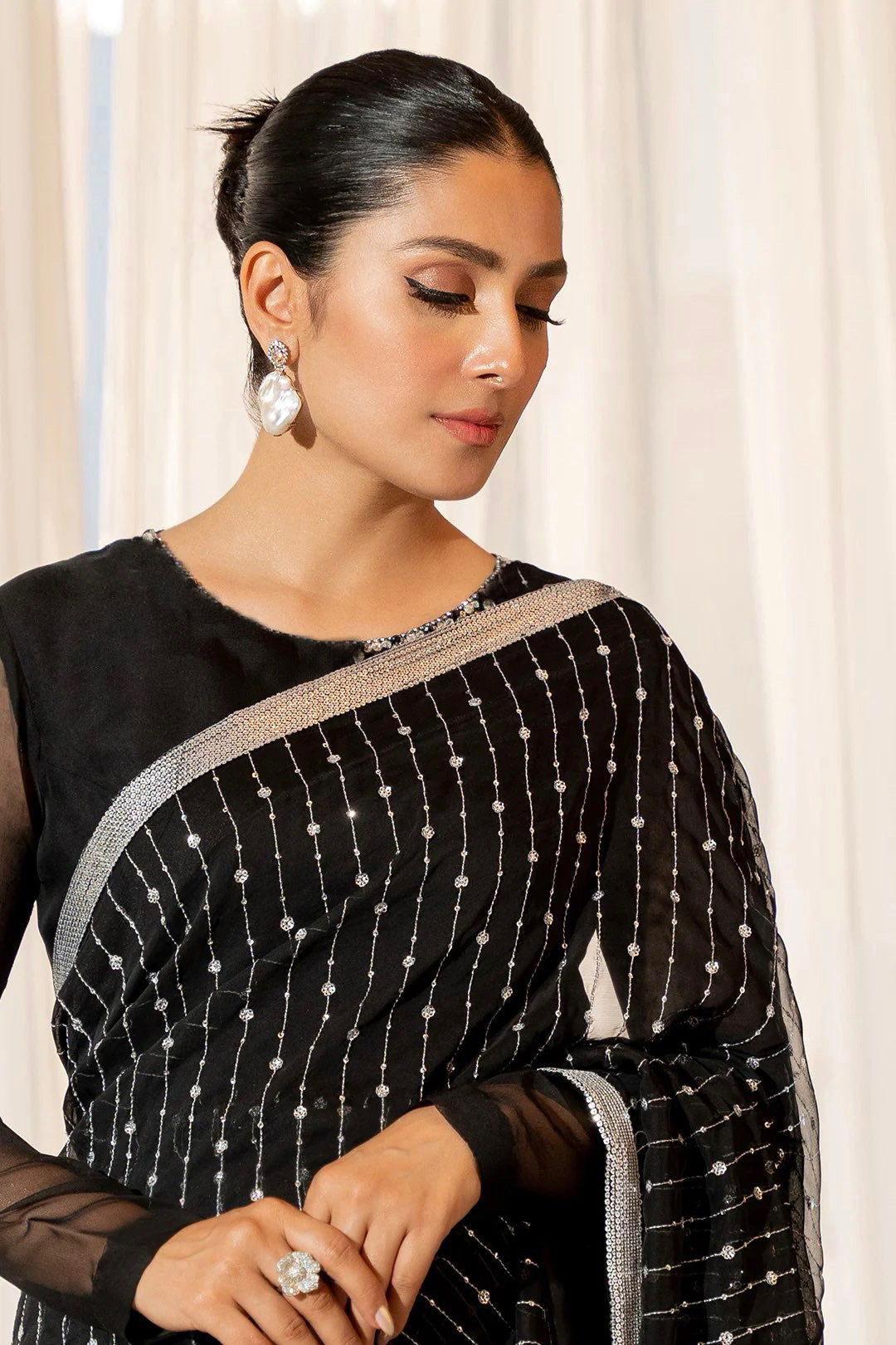 Blackish Georgette Sequin Saree with Silver Lace border,Bridesmaid's saree