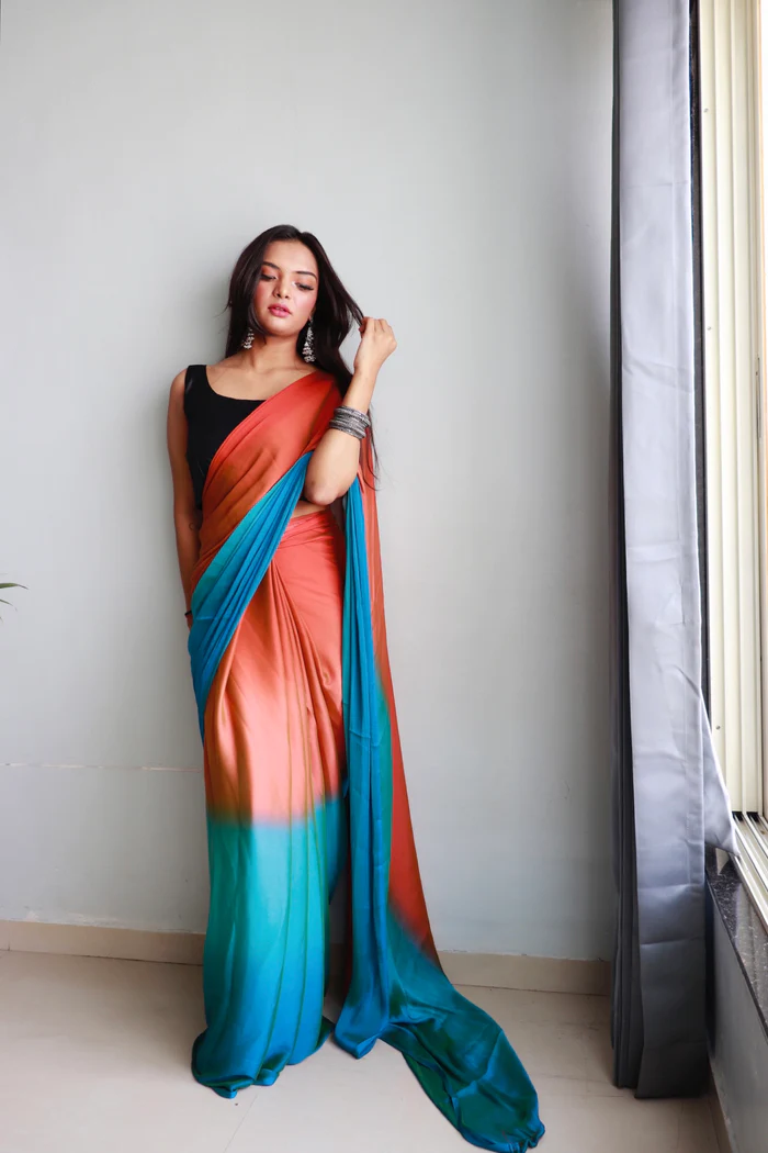 Sanghosha Orange Rust Premium  1-Minute Ready To Wear Multicolor Georgette Saree