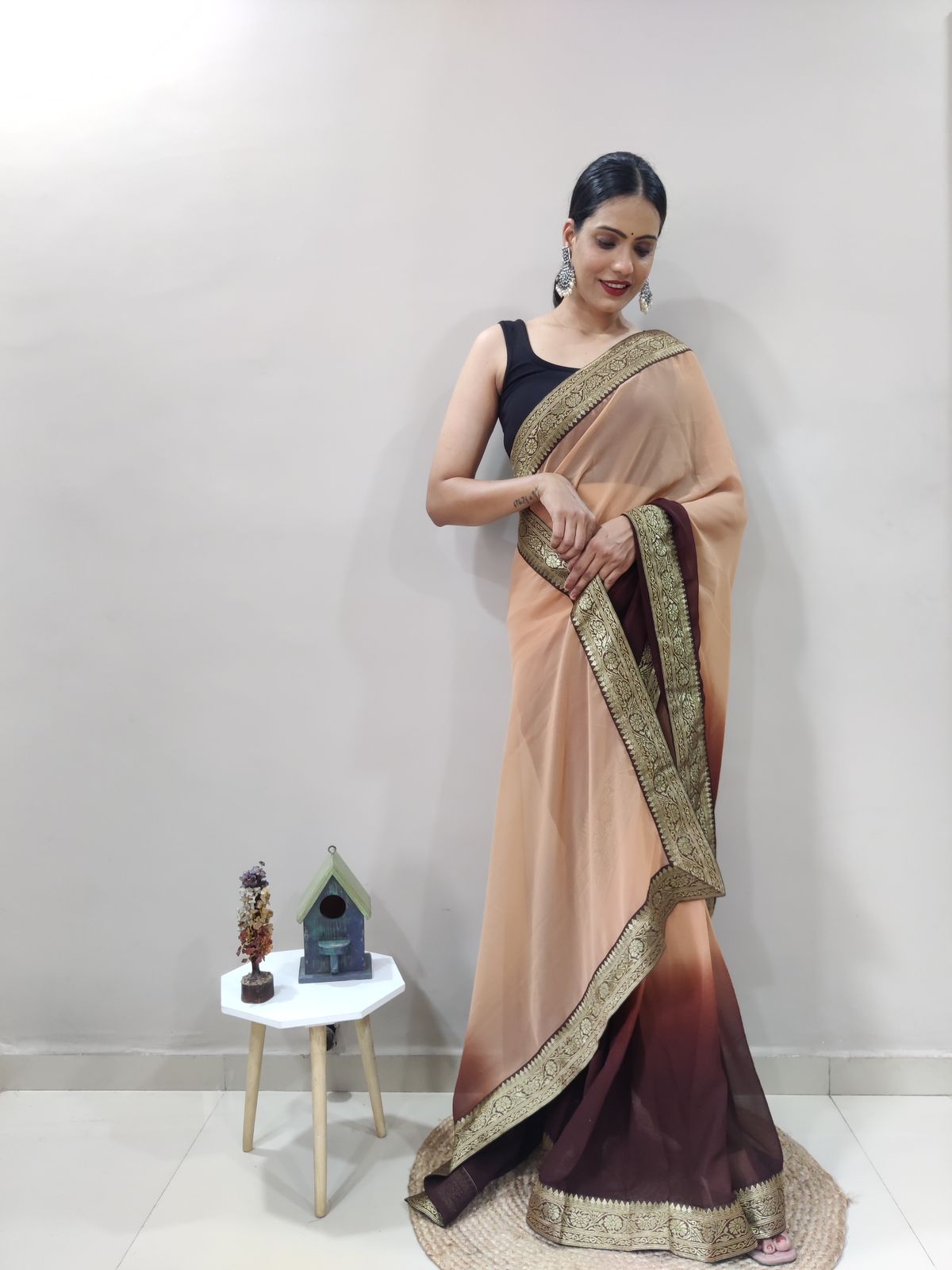 Coffee Clay Dual Color Ready to Wear Sanghosha Silk Saree With Blouse